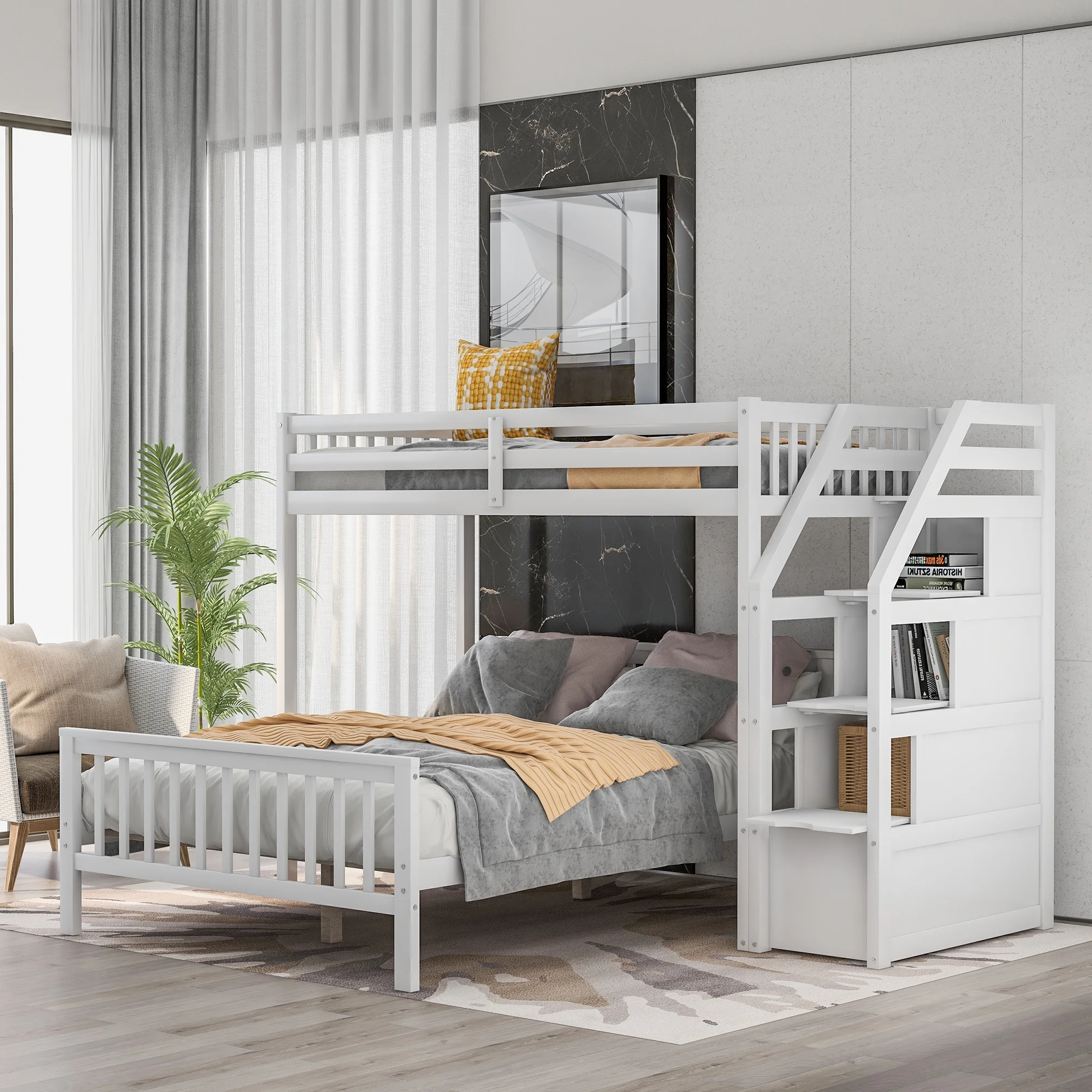 Docooler Twin over Full Loft Bed with Staircase,White