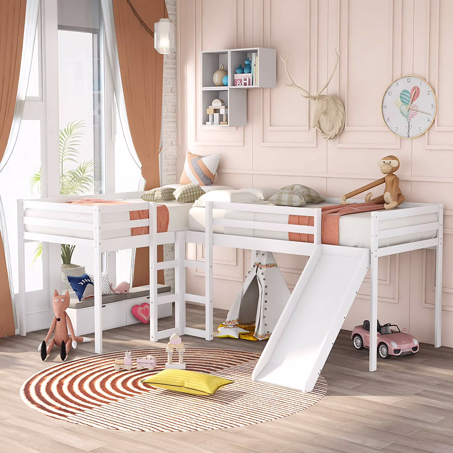 Two Loft Bed L Shaped Buk Bed Wi 2 Ladders Ad Slide, Buk Bed For Family, Kids, Tees, o Box Sprig eeded
