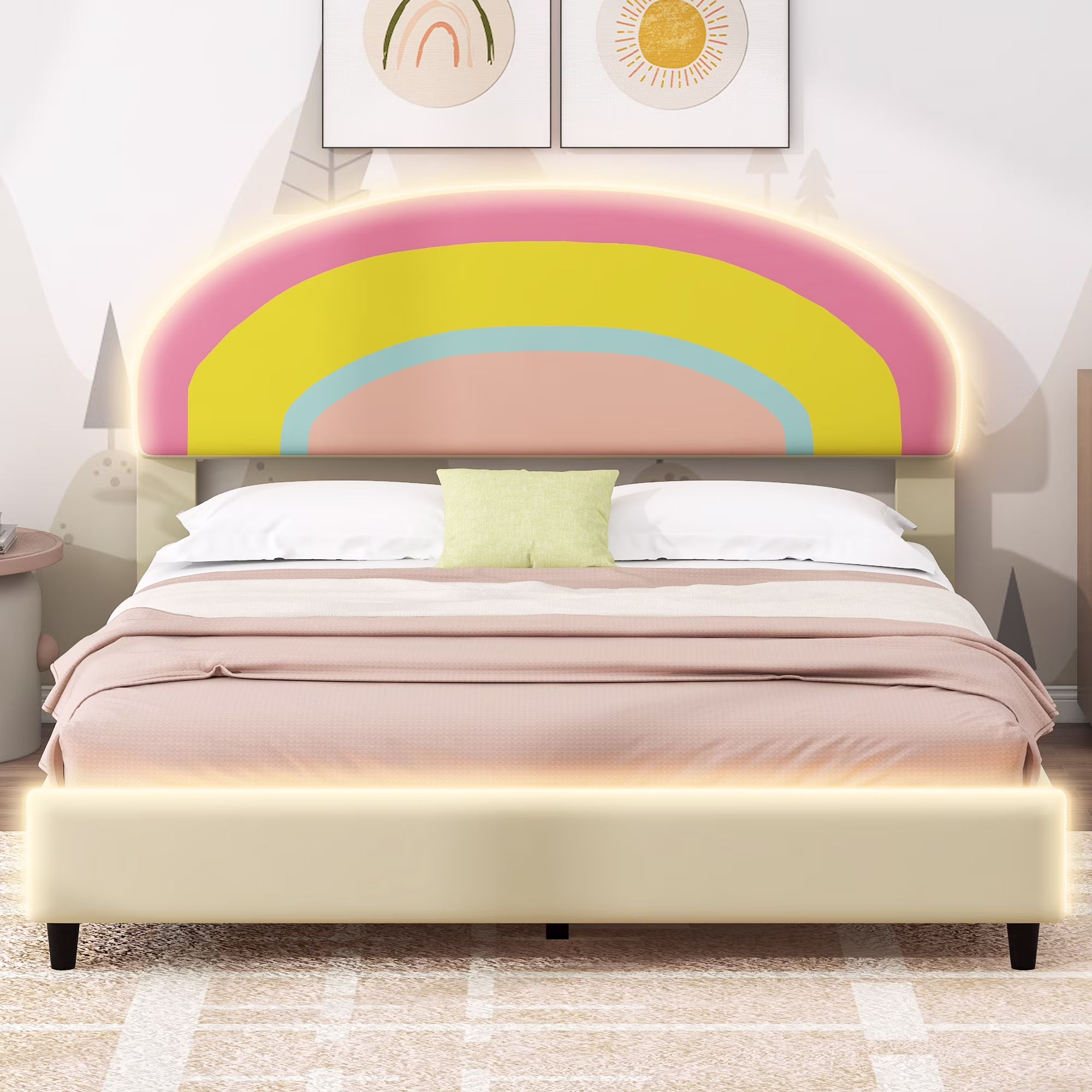 Bellemave Full Size Upholstered Platform Bed with Rainbow Shape Headboard and Lights Wooden Low Platform Bed Full LED Princess Bed Frame with Height-Adjustable Headboard for Girls, Beige