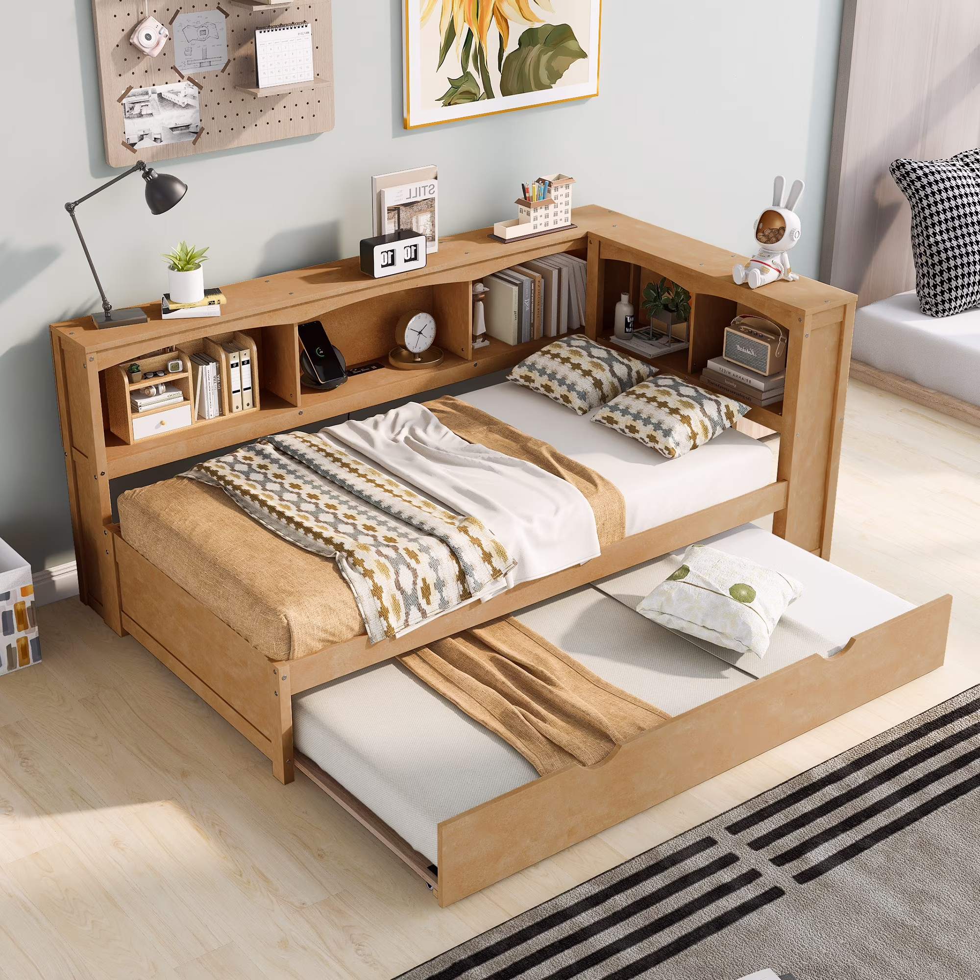 CoSoTower Twin Size Daybed with Trundle, Storage Cabinets and USB Ports, Wood Color