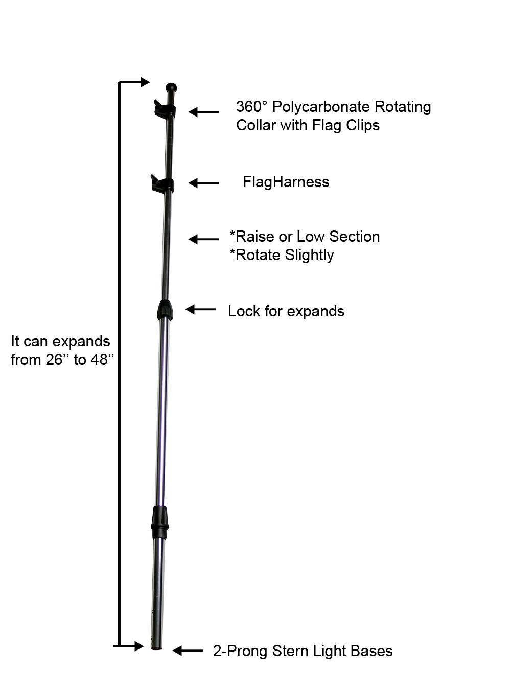 Pactrade Marine Boat Metallic Flagpole Telescoping 26