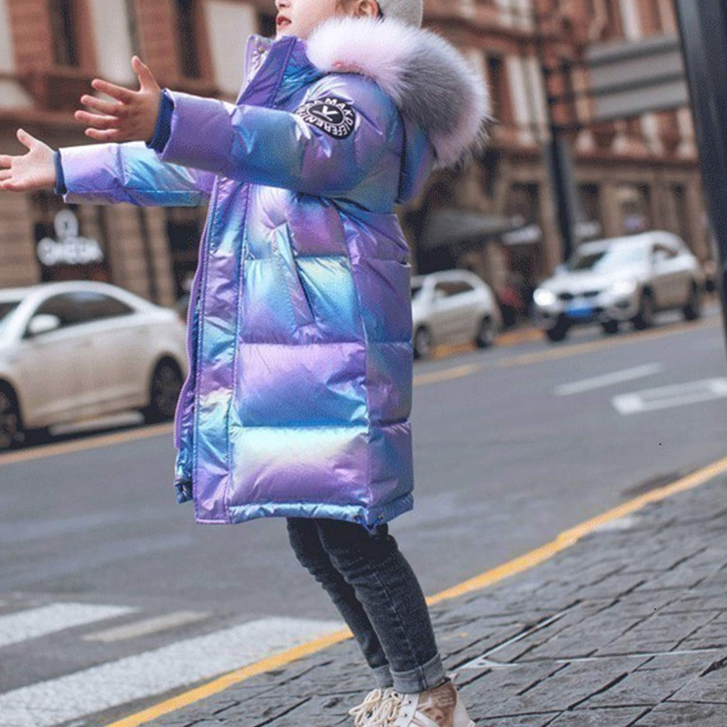 Kids Girls Hooded Shiny Down Jacket Winter Warm Casual Quilted Puffer Coat Outerwear with Faux Fur Collar