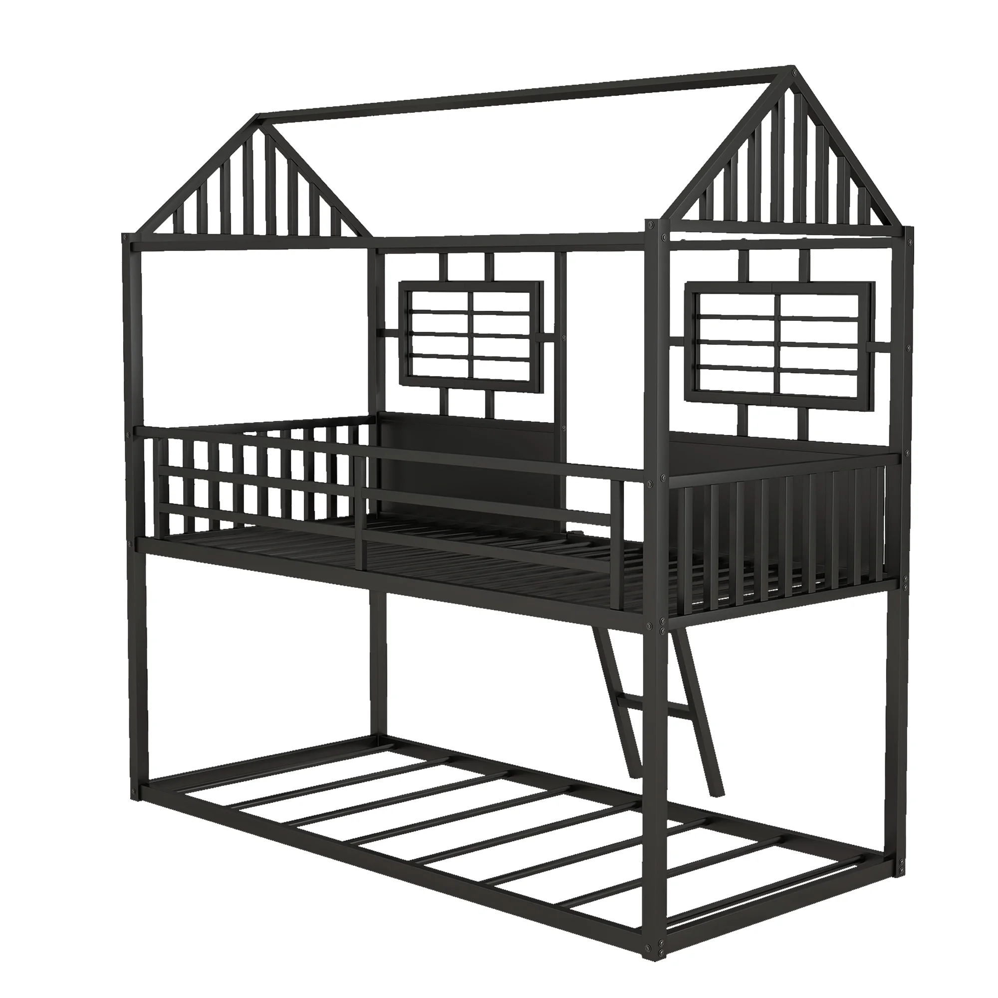 Twin over Twin House Bunk Bed with Windows, Metal Bunk Bed Frame with Roof and Fence-shaped Guardrail, Bunk Bed Frame with Guardrails (Black)