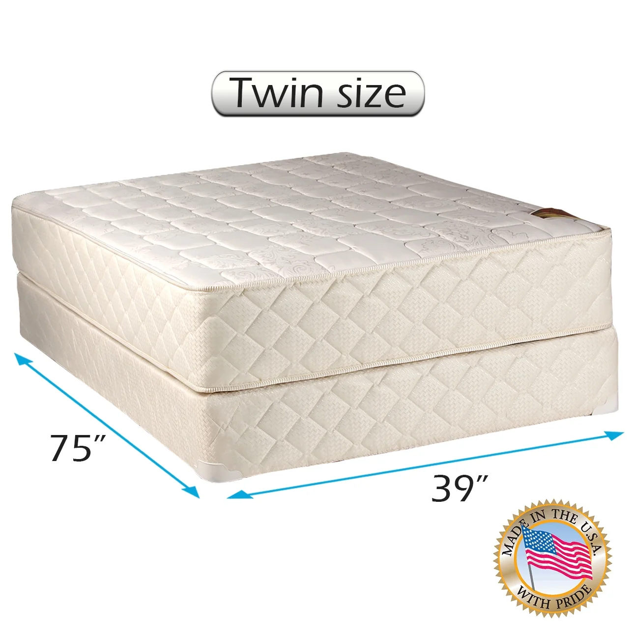 DS USA Grandeur Deluxe Double-Sided Gentle Firm Twin Mattress and Box Spring Set with Bed Frame Included - Orthopedic type, Spine Support, Luxury Height, Long Lasting Comfort