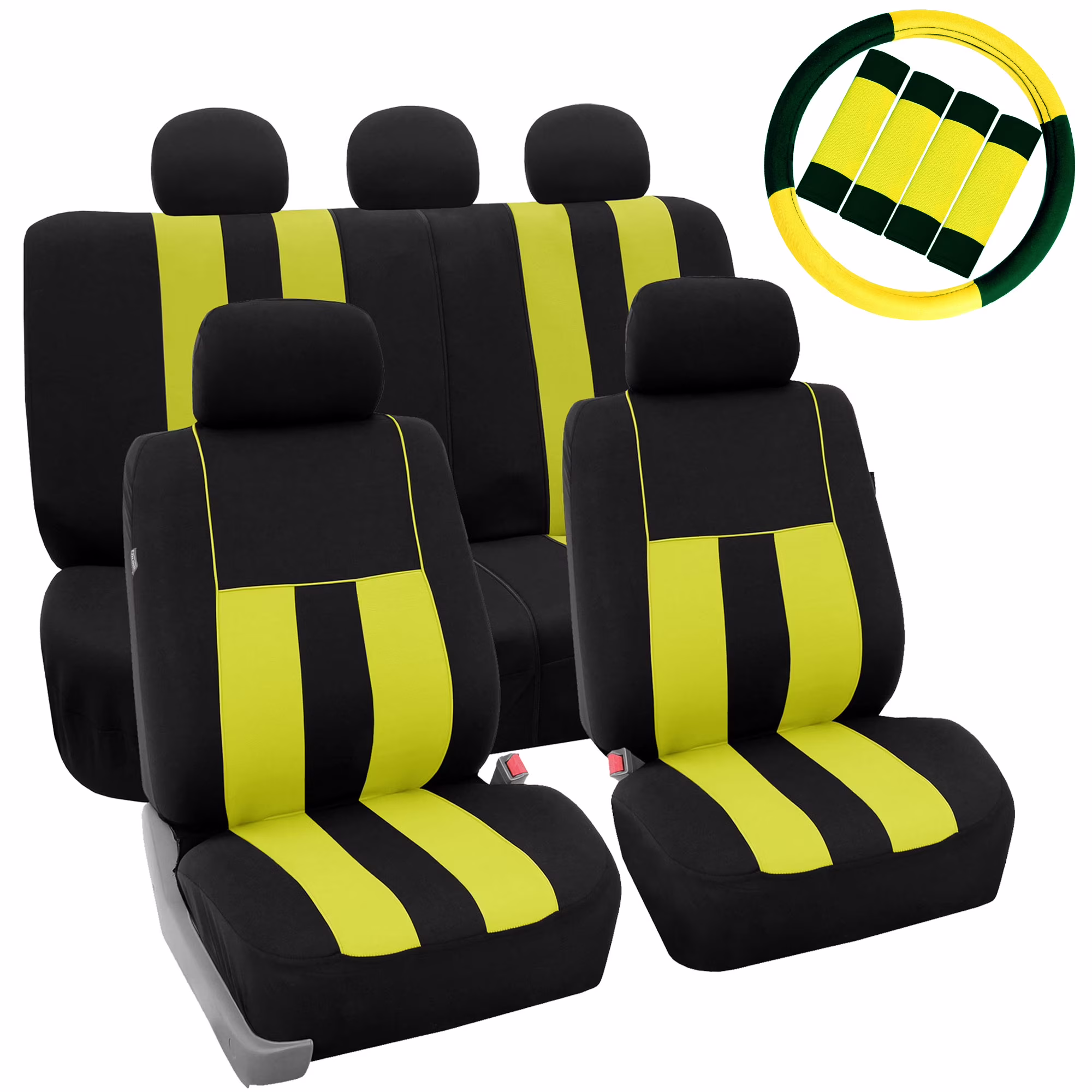 FH Group Car Seat Covers Striking Striped for Sedan, SUV, Van, Full Set w/ Steering Cover & Belt Pads, Yellow Black
