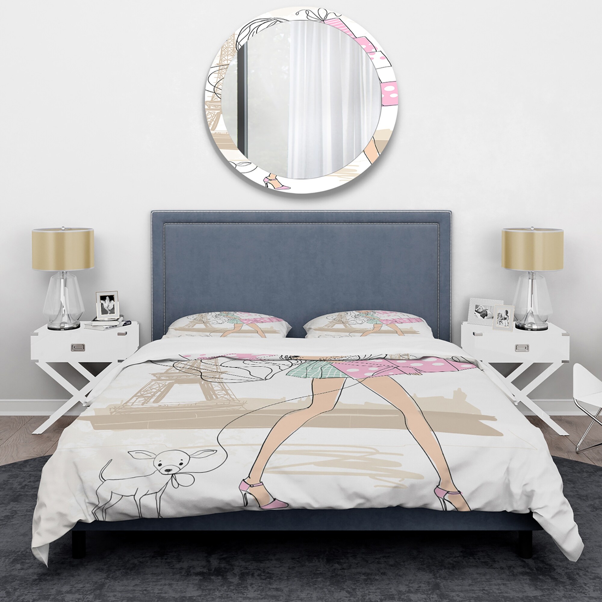 DESIGN ART Designart 'Young Girl With Shopping Boxes In Paris' Shabby Chic Duvet Cover Comforter Set King Cover + Comforter + 2 King Shams 4 Piece