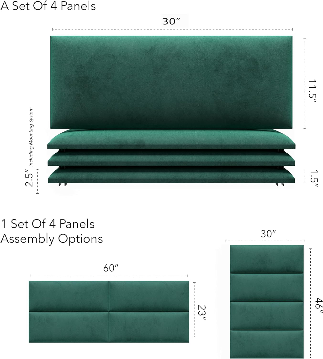 Upholstered Headboards - Accent Wall Panels - Velvet Emerald Green - Queen/Full - Set Of 4 Panels (Each Individual Panel 30