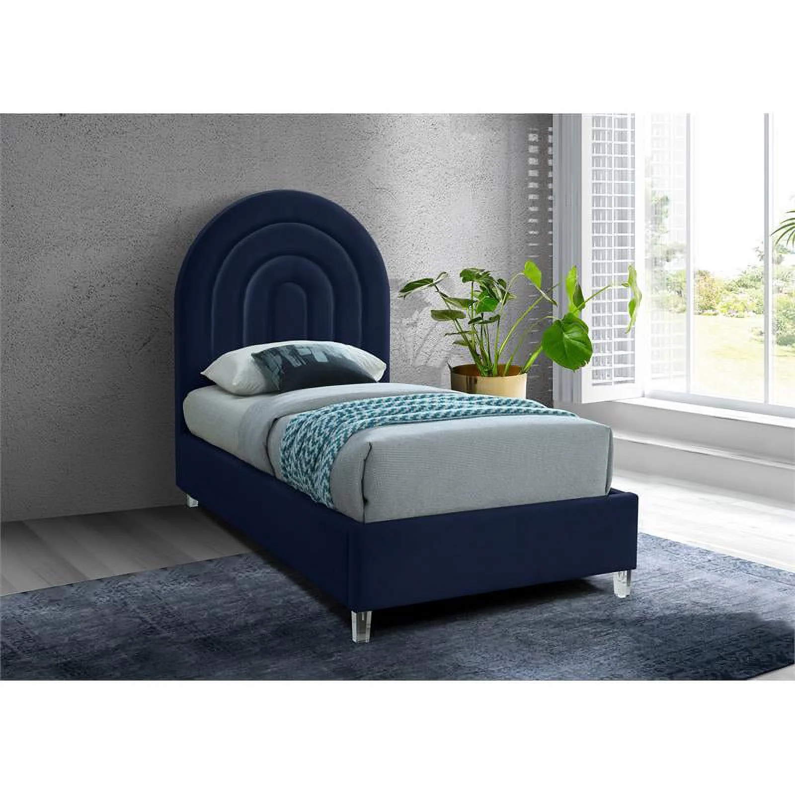 Maklaine Contemporary Navy Velvet Twin Bed in Acrylic Finish