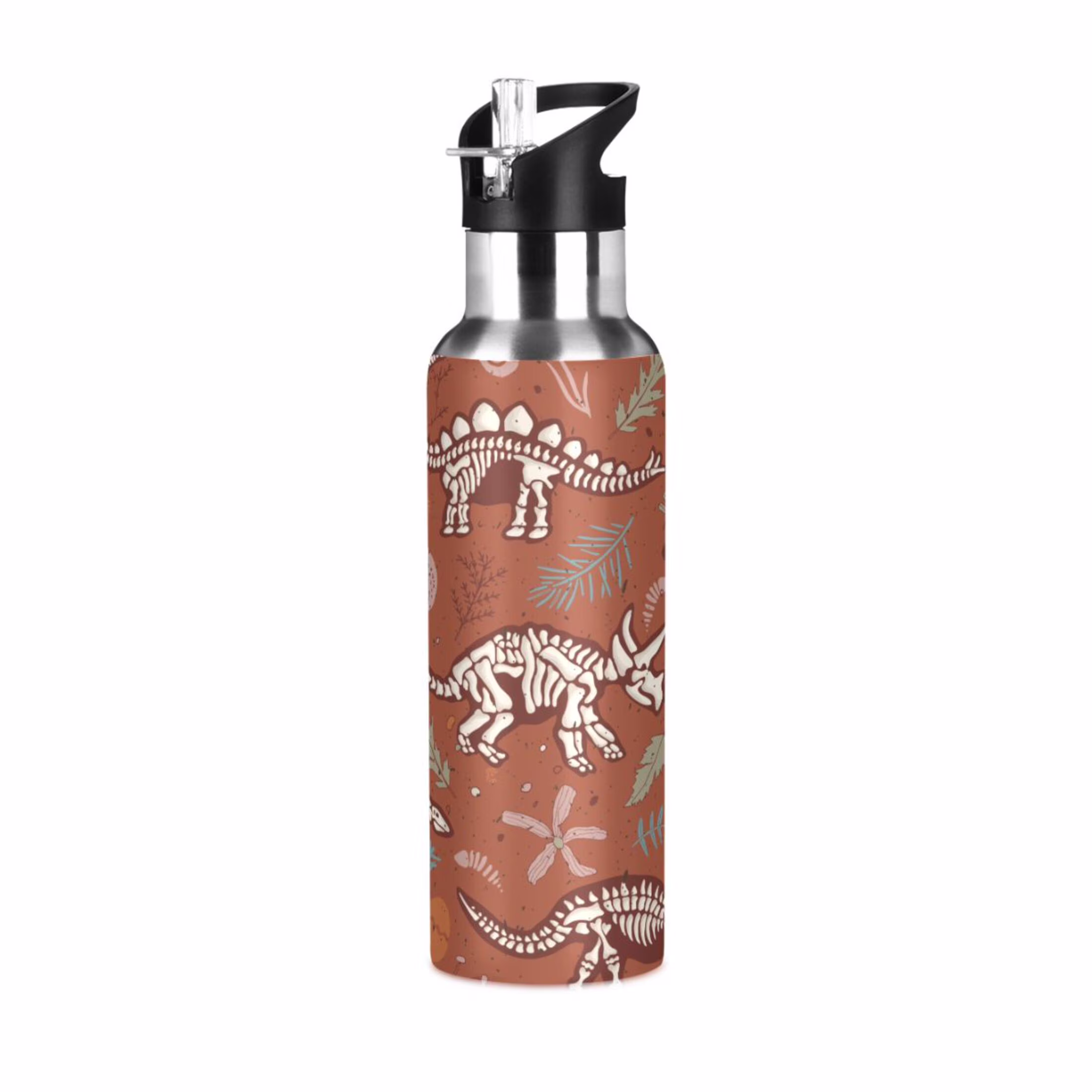 Water Bottle with Straw Lid Leak Dinosaur Skeleton Flower Stainless Steel Insulated Thermos Vacuum Flask for Cold Hot Drinking for Sports Camping Gym Yoga