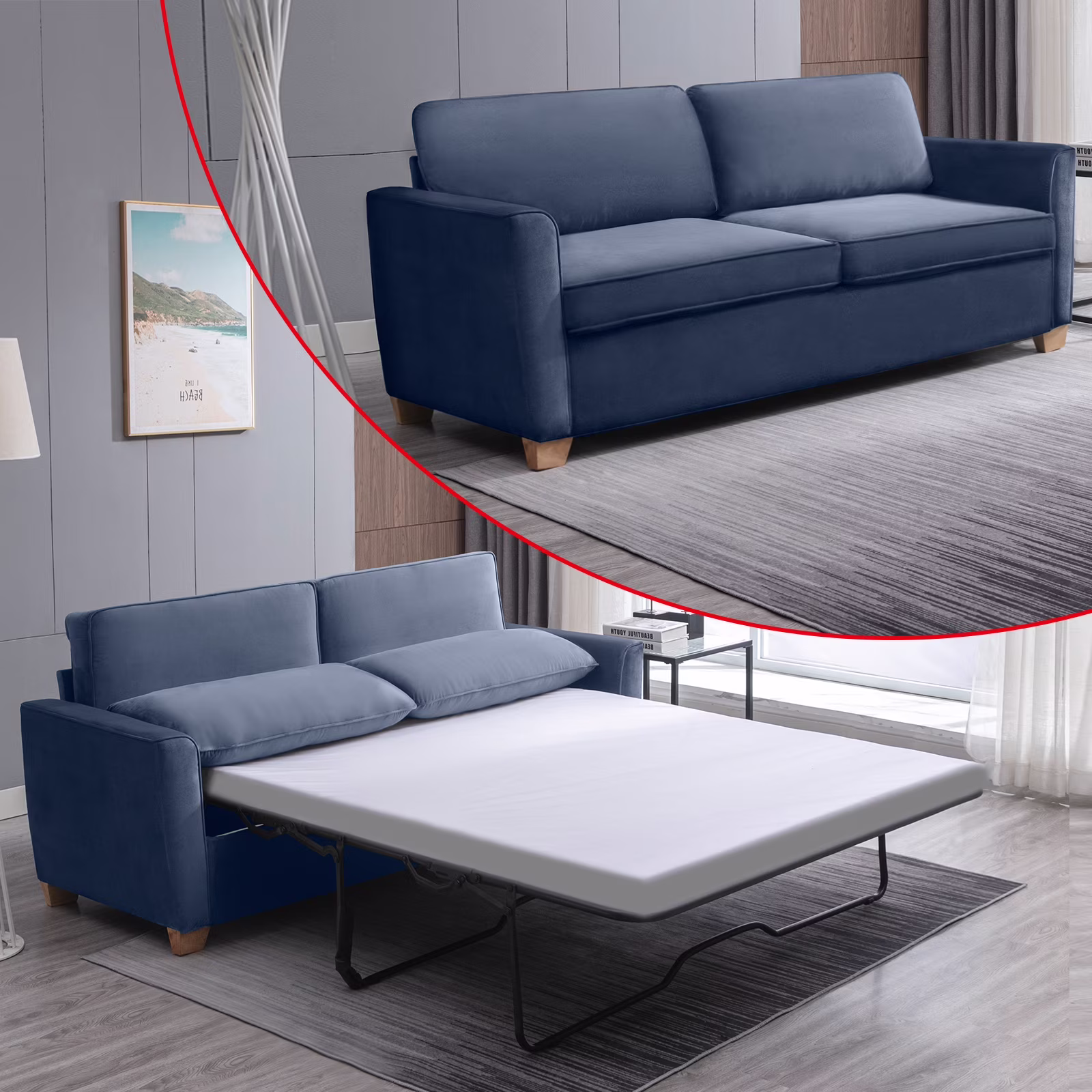 ijuicy 2-in-1 Pull Out Sofa Bed Full Size, Velvet Loveseat Sleeper Sofa with Folding Mattress, Pull Out Couch Bed for Small Spaces, Sleeper Sofa for Living Room/Apartment/Office- Blue
