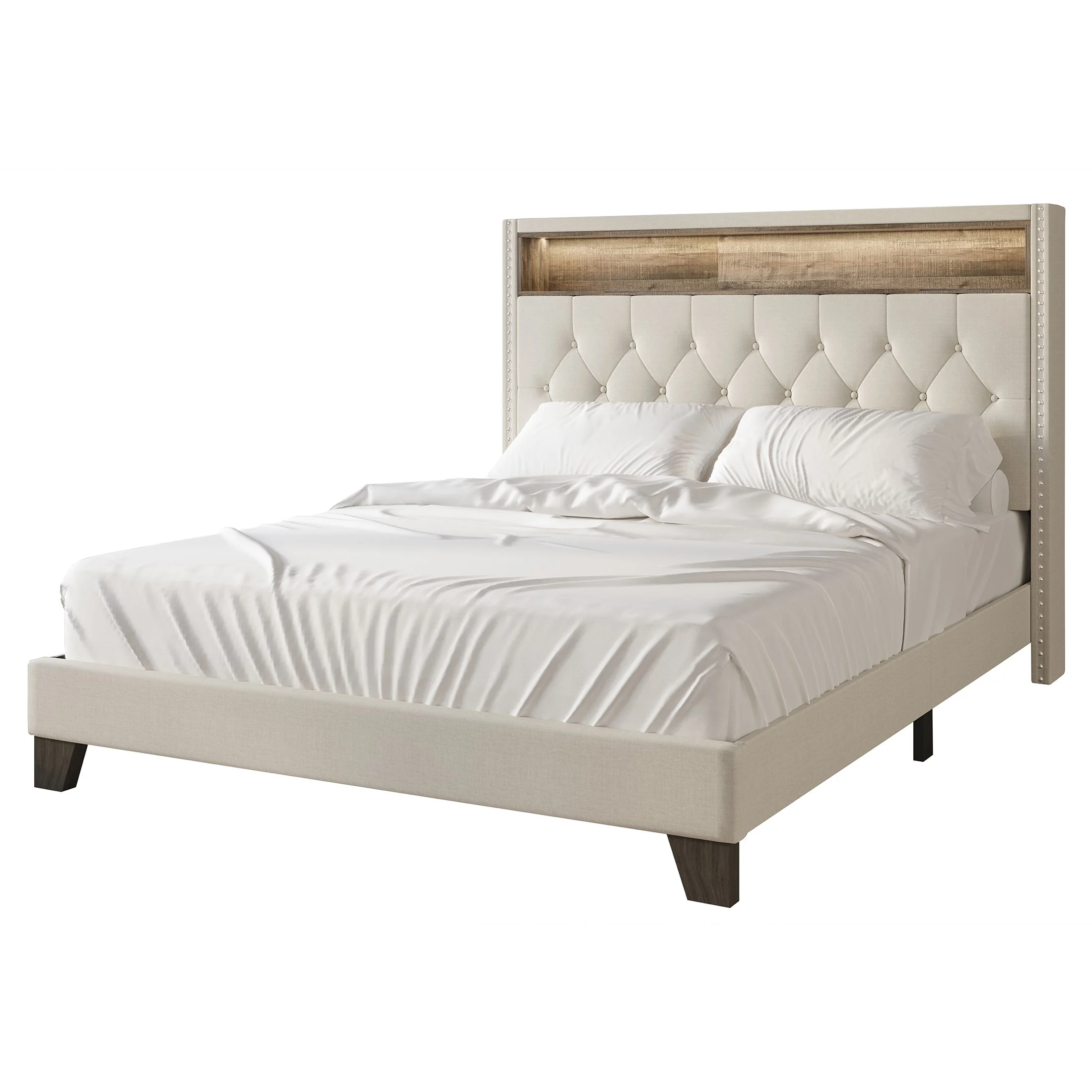 Castle Place LED Light Nailhead Trim Linen Upholstered Bookcase Bed, Warm Grey, Queen