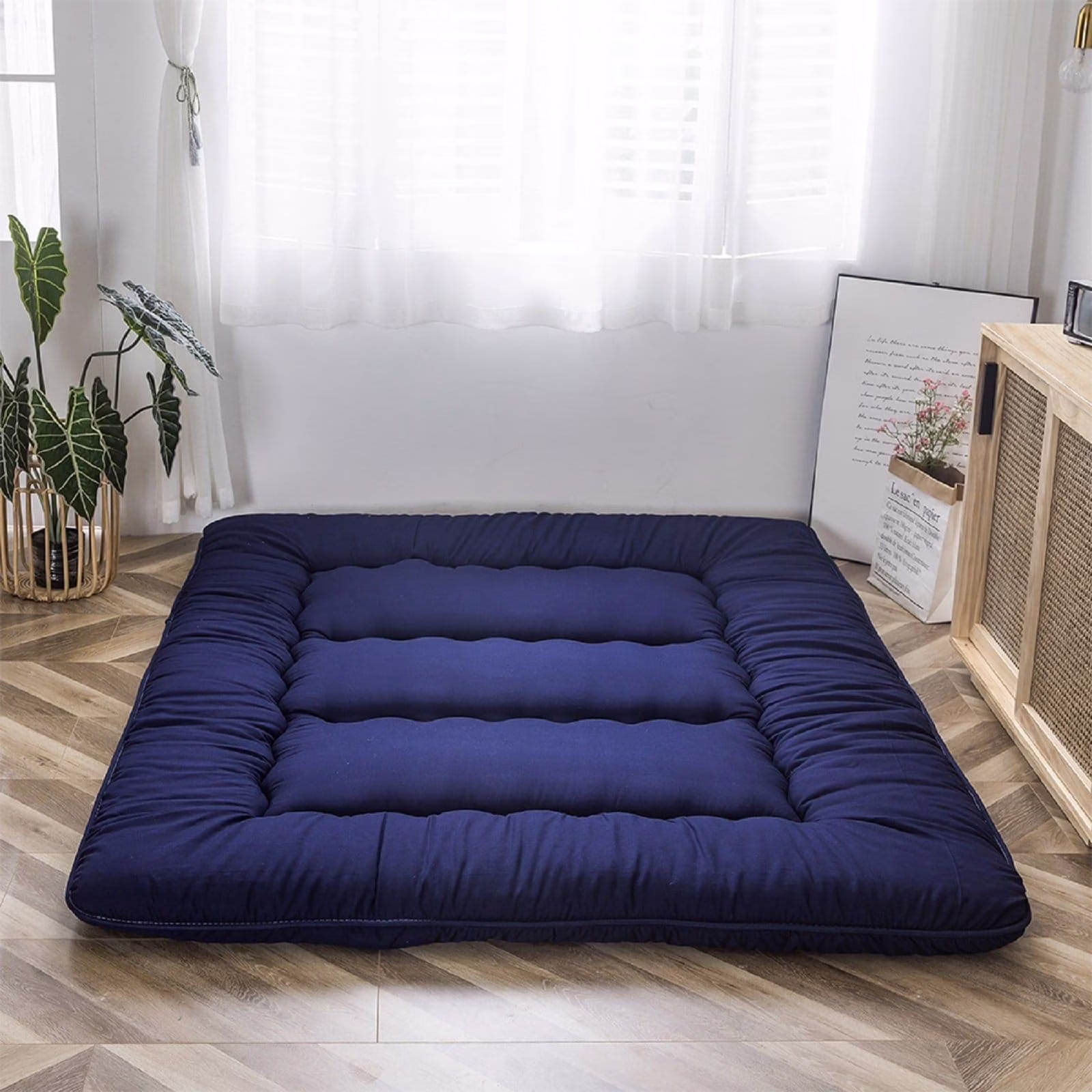 COSMOGO Futon Mattress, Japanese Style Floor Mattress Camping Mattress Navy Blue - Queen