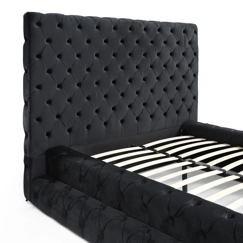 Better Home Products Velvet Queen Bed with Deep Button Tufting in Black