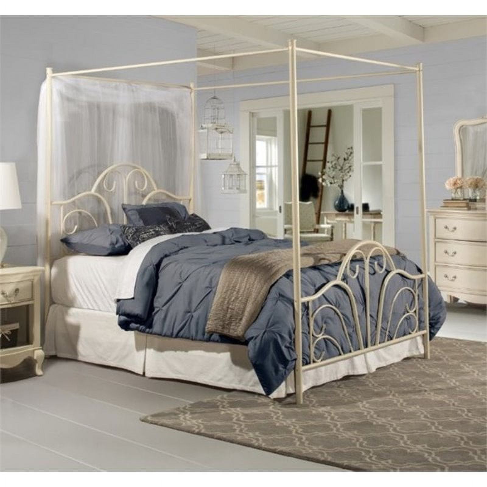 Bowery Hill Traditional Tubular Steel Metal Queen Canopy Bed in Cream