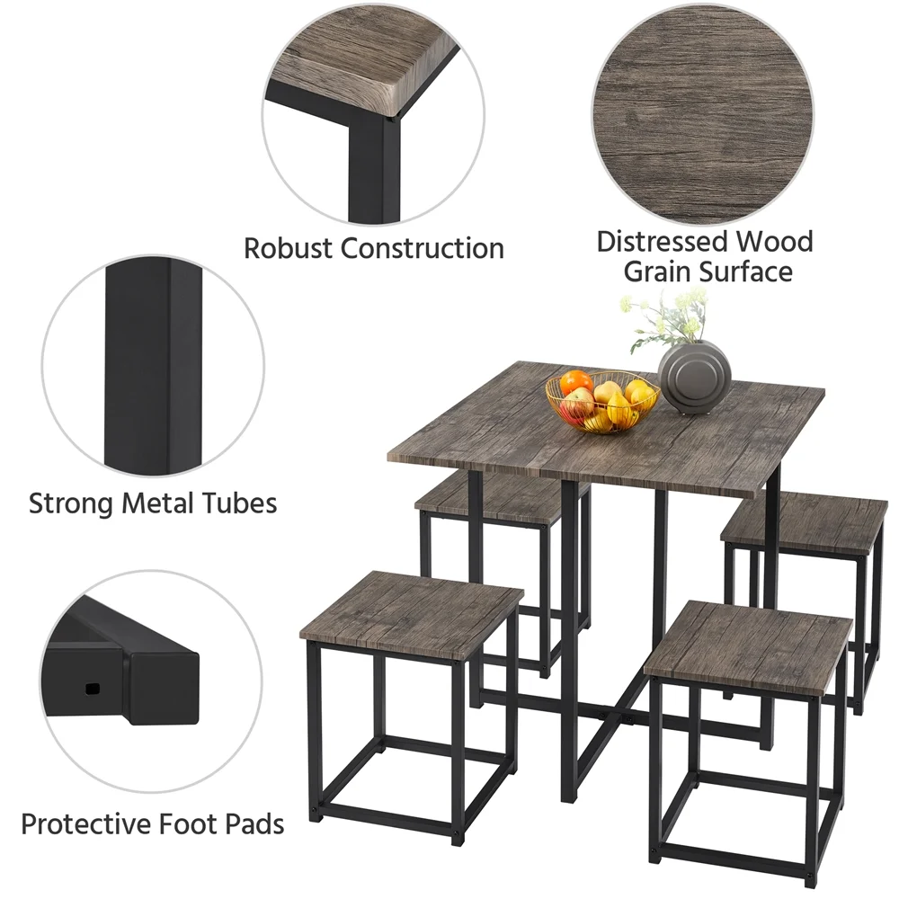 Topeakmart 5-Piece Industrial Dining Set with Square Table, 4 Backless Stools, Drift Brown
