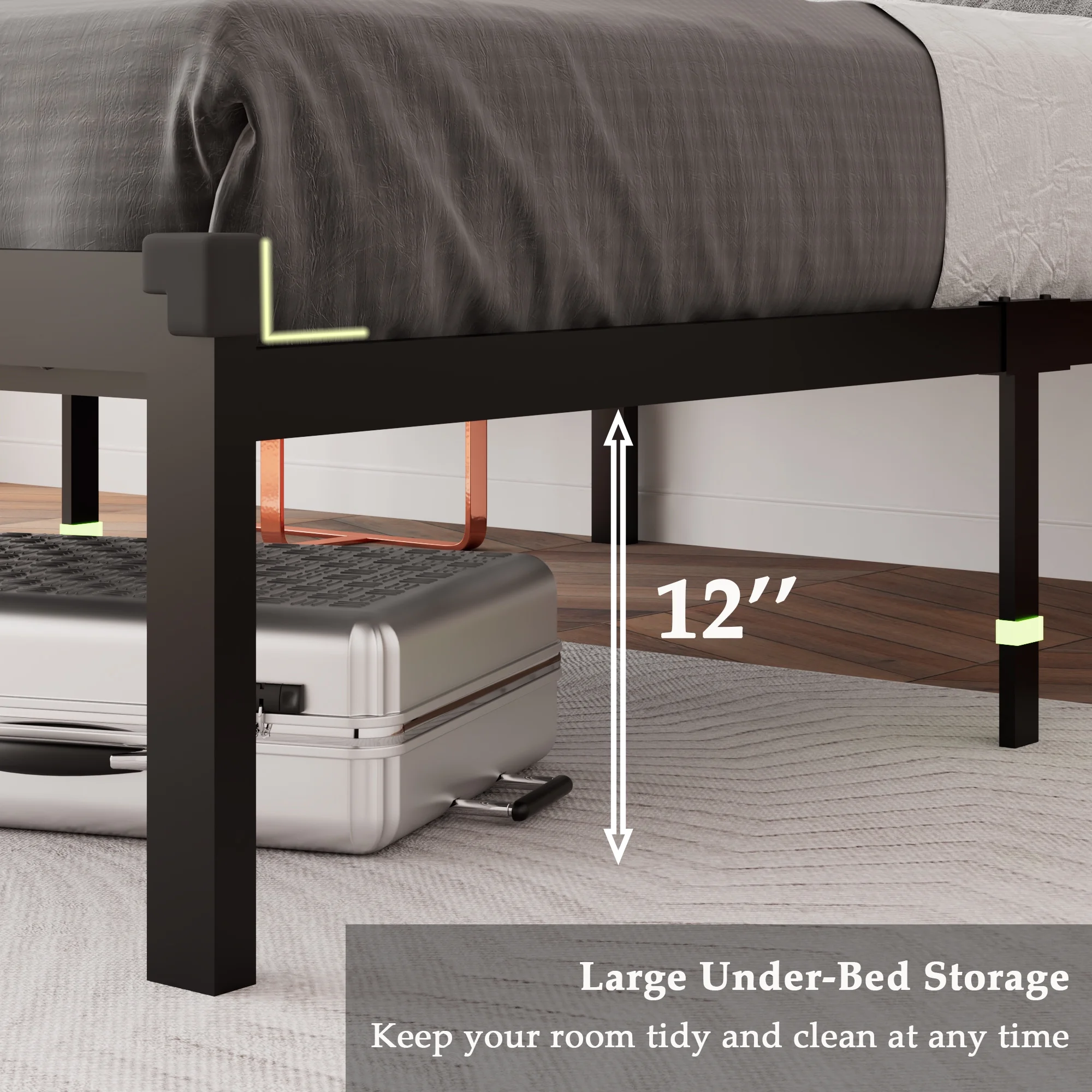 Queen Size Metal Bed Frame with Faux Leather Button Tufted Headboard, Heavy-Duty Platform Bed Frame with 12'' Storage, Steel Slats Support, No Box Spring Needed, Noise Free, Black