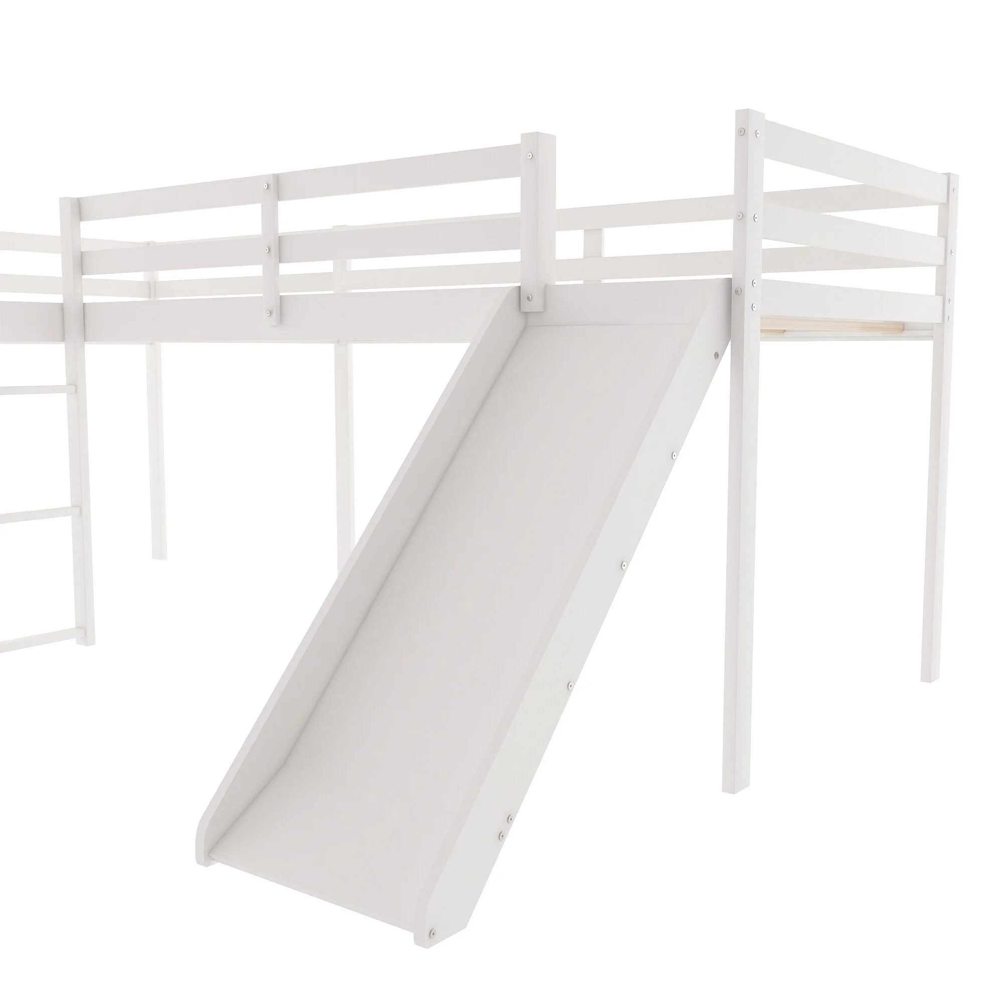 Innovative L-Shaped Twin Size Loft Bed with Ladder and Slide, Solid Pine Wood Loft Bedframe with Ample Under Bed Space, White