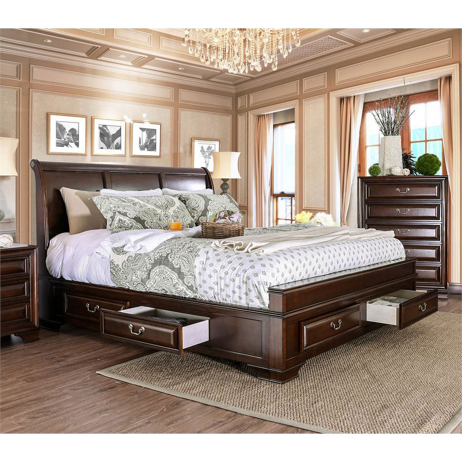 Bowery Hill Transitional Wood Queen Storage Platform Bed in Cherry