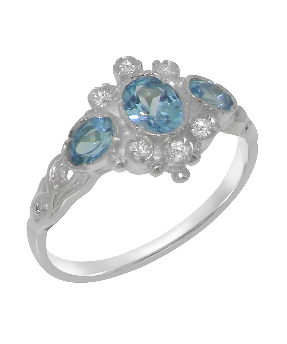 LBG English Made 9k White Gold Ring with Natural Blue Topaz & Cubic Zirconia Womens Engagement Ring - Size 7.25