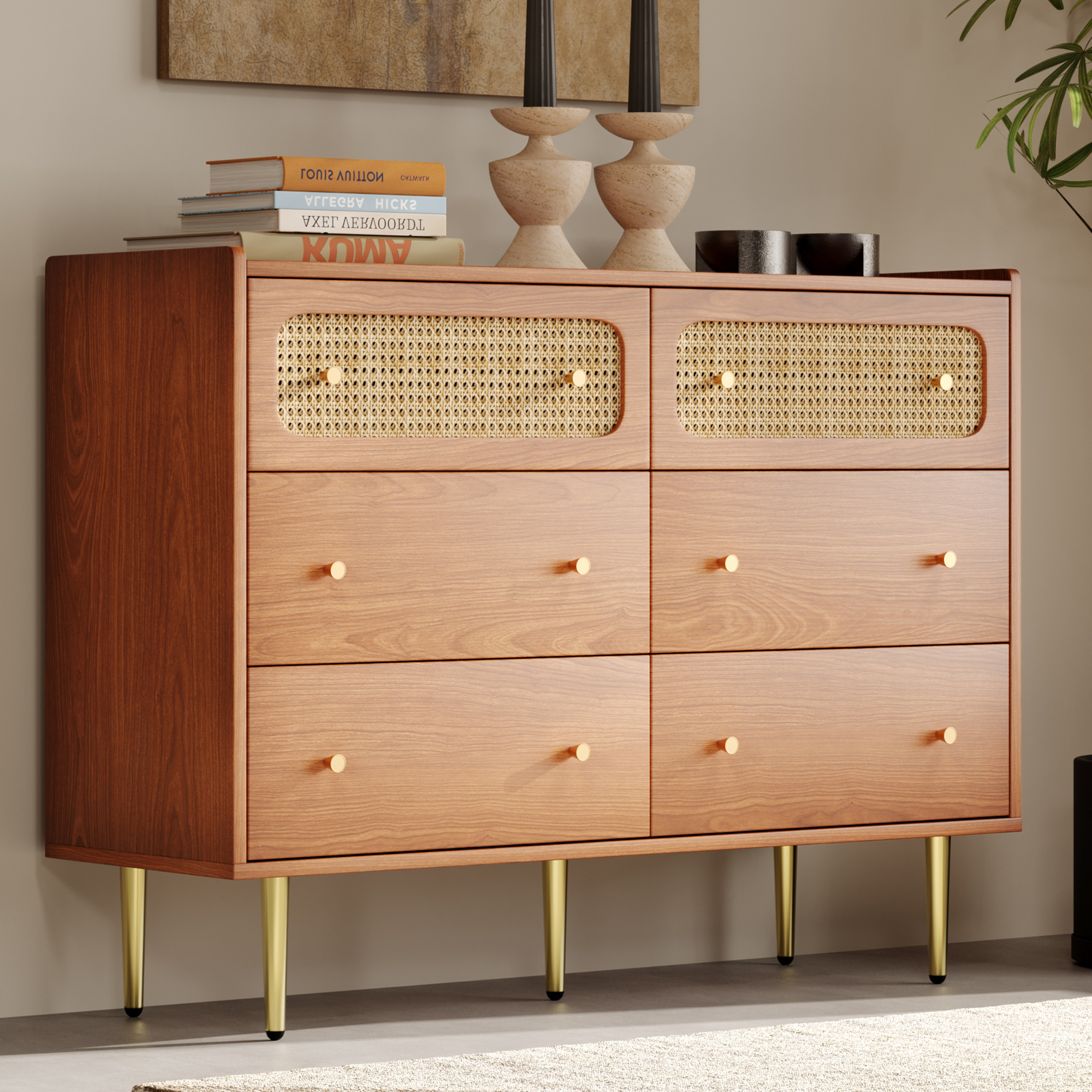 Modern 6-Drawer Dresser with Cherry Accents | 55