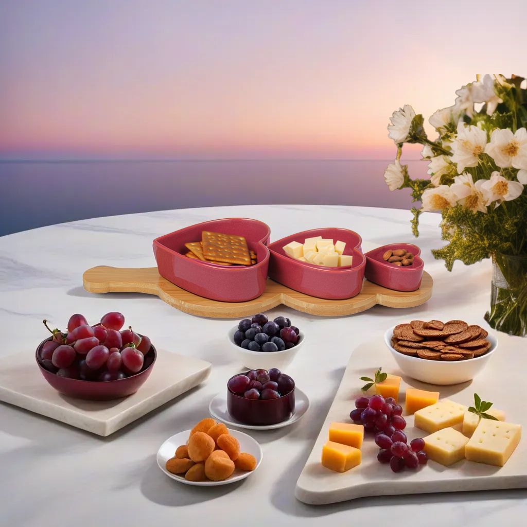 Snack Time Collection Set - 3piece Durable Porcelain varying size Bowls with Fitted Bamboo Tray - Modern Snacking Luxury - Perfect for Dips, Nuts, Candy - Red/Natural Wood