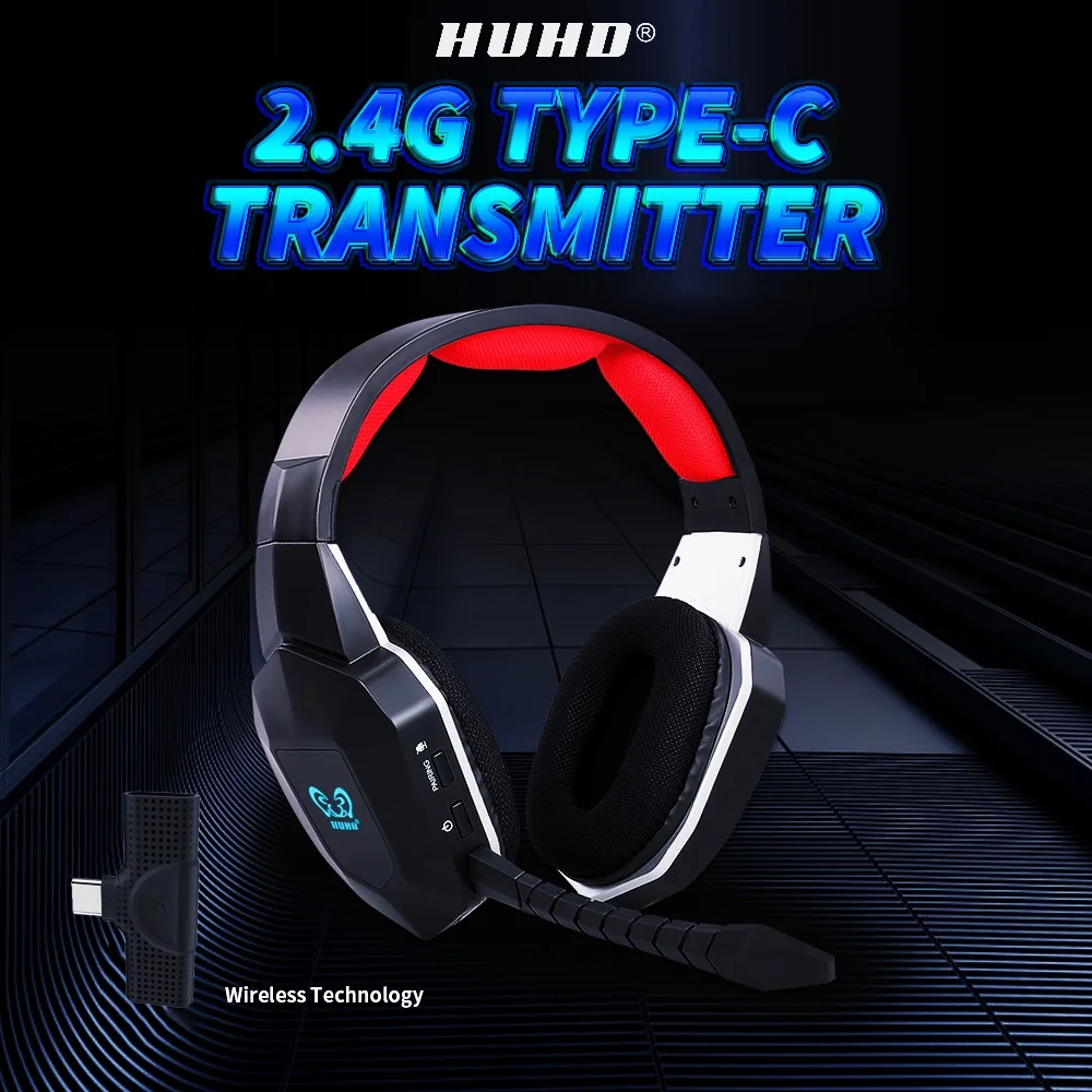 HUHD HW-N9U 2.4G Wireless Gaming Headset Virtual 7.1 Surround Sound Headset with Removable Microphone Replacement for PS4/PC/