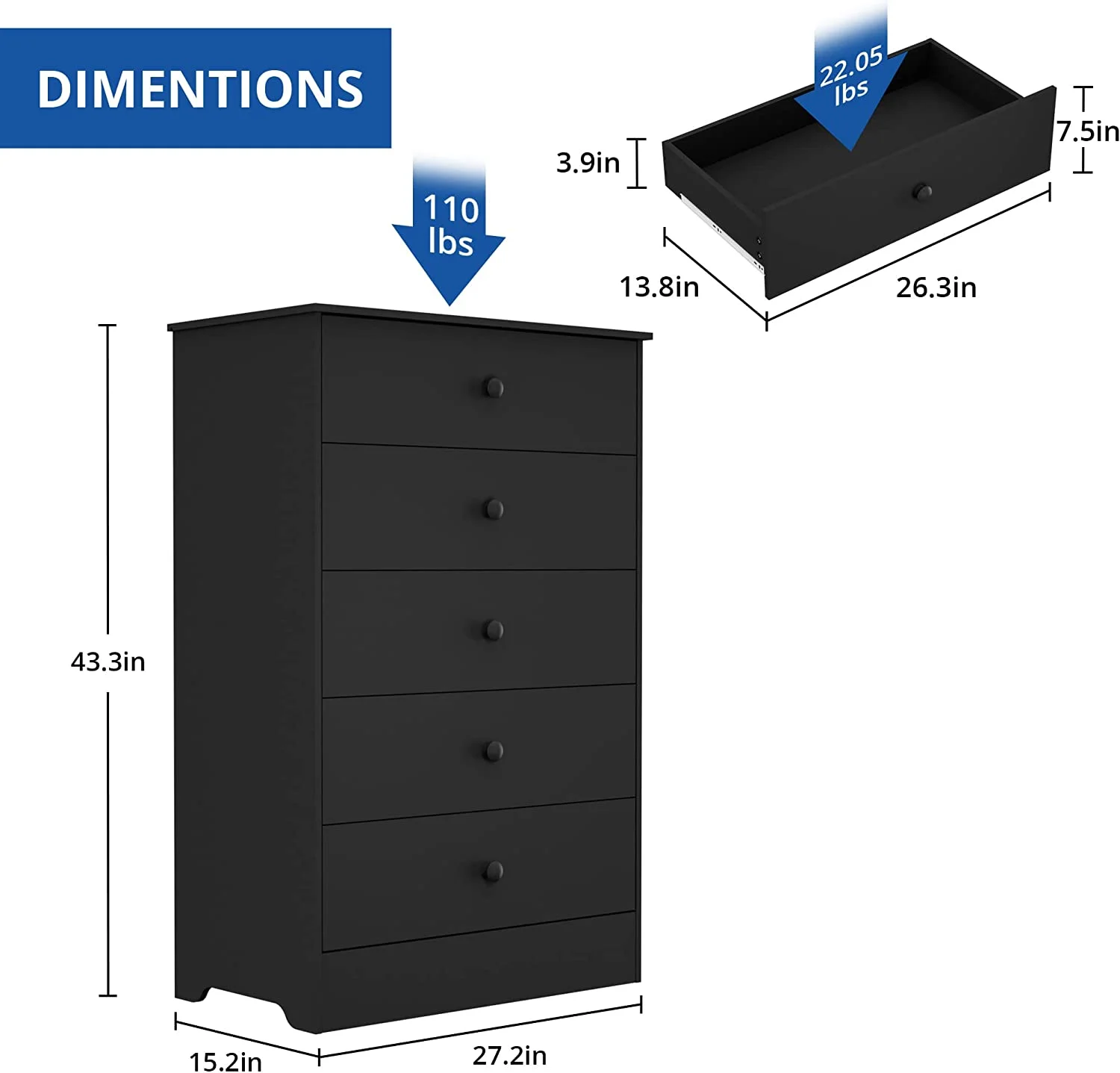 Castle Black Dresser for Bedroom  5 Drawers Chest Dresser Organizer  Tall Dresser Drawer Organizers  Kids Dresser for Bedroom  Nursery  Living Room  Entryway  Black