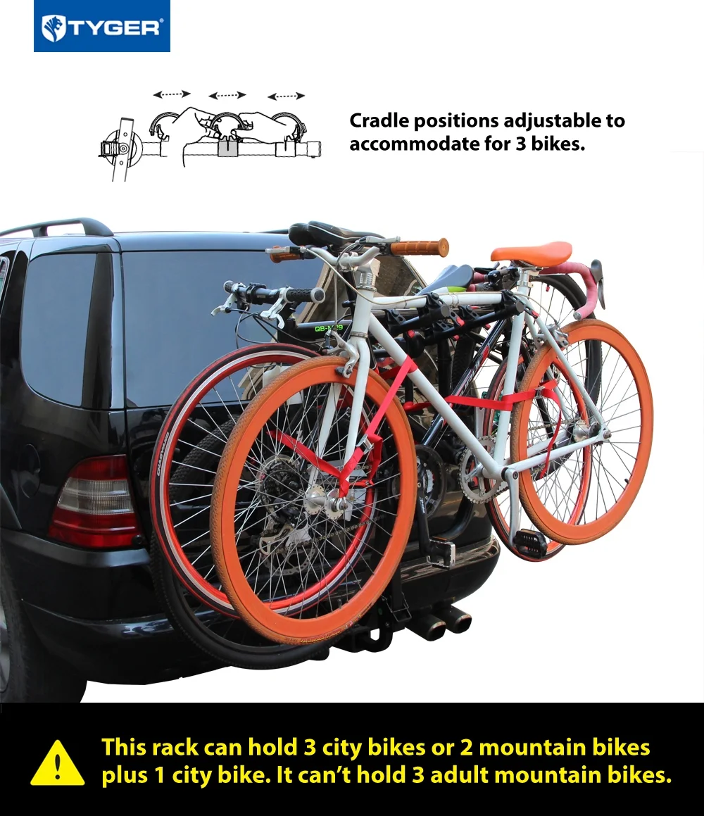 Tyger Auto TG-RK3B101S 3-Bike Hitch Mount Bicycle Carrier Rack | Free Hitch Lock & Cable Lock | Fits both 1.25