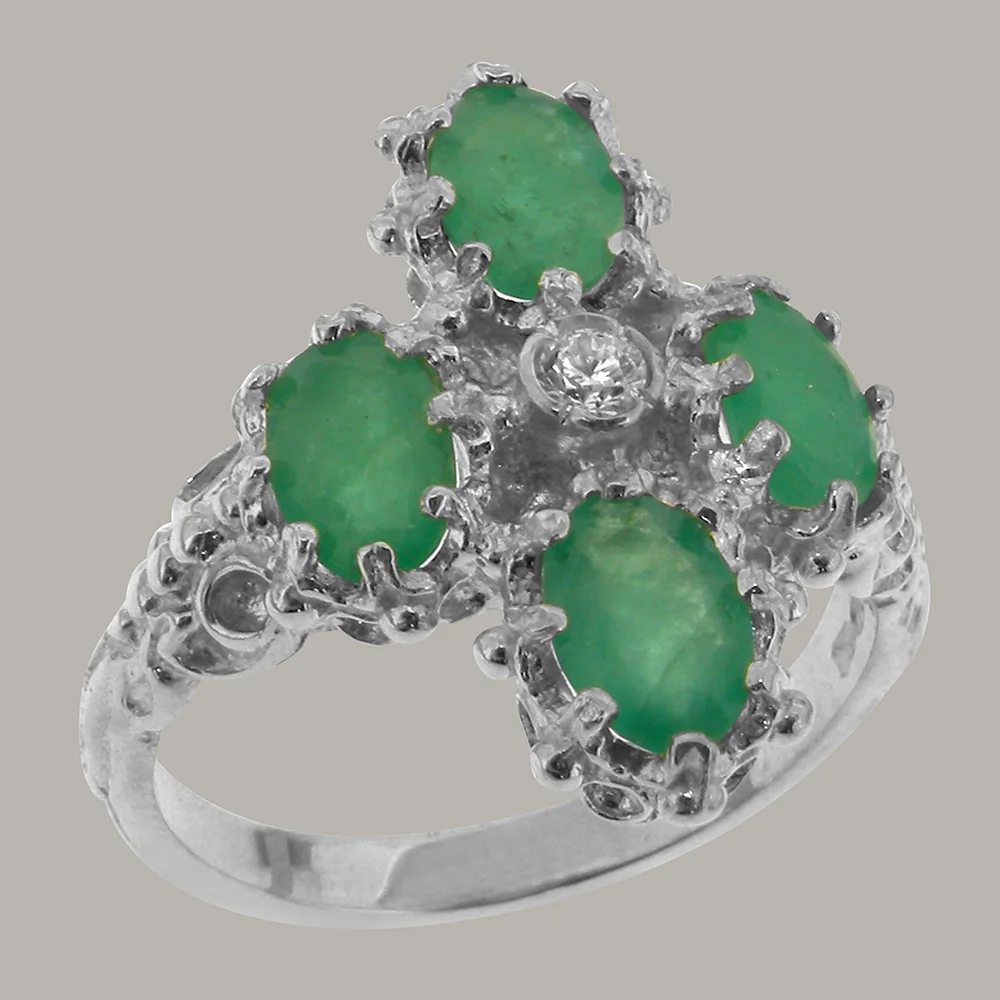 LBG British Made 18k White Gold Cubic Zirconia & Emerald Womens Engagement Ring - 33 size options - Size 6.25