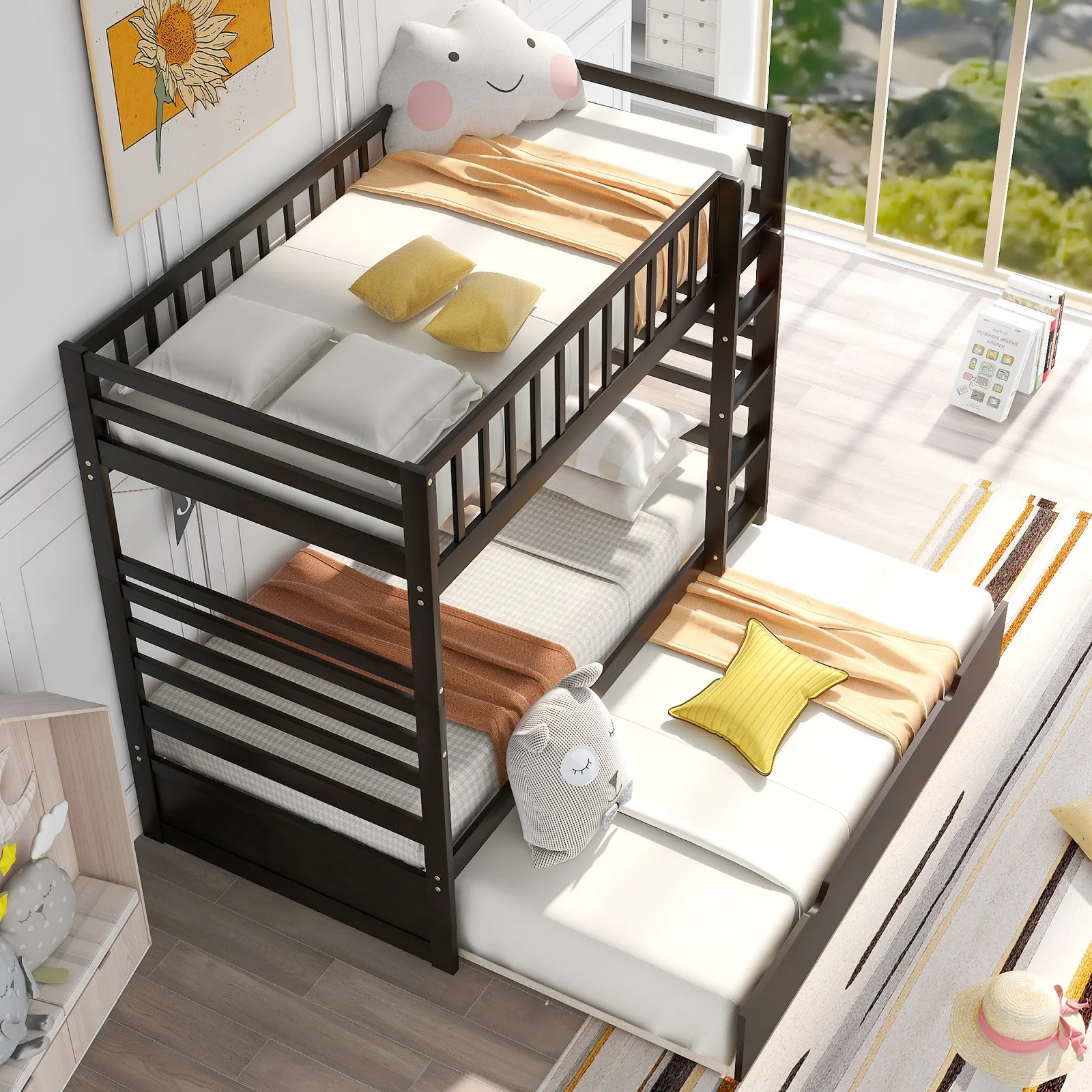 Twin Over Twin Bunk Beds with Safety Rail and Movable Trundle Bed Twin Over Twin Pull-Out Bunk Beds, Solid Wood No Box Spring Needed