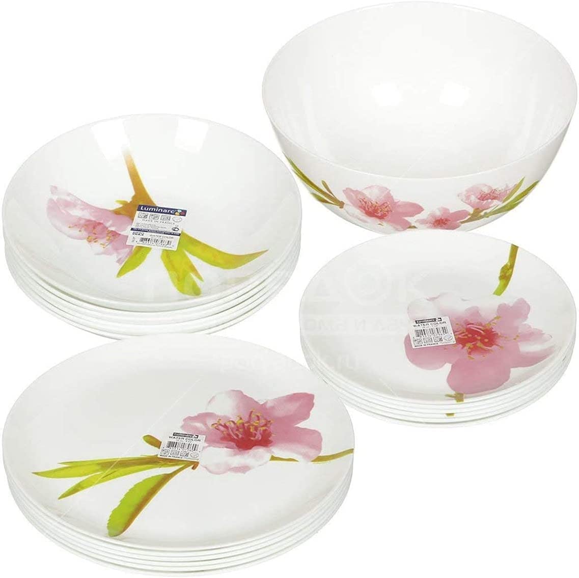 Luminarc E4905 alt Aprocal Water Color Collection 19 Pcs Dinnerware Set, Set for 6, White