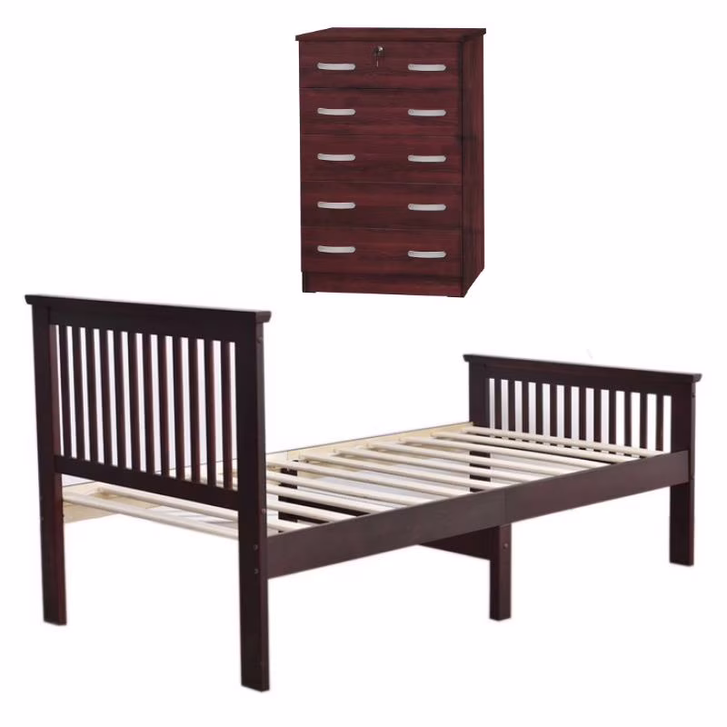 Home Square 2-Piece Set with Pine Twin Bed and 5 Drawer Chest Dresser with Lock