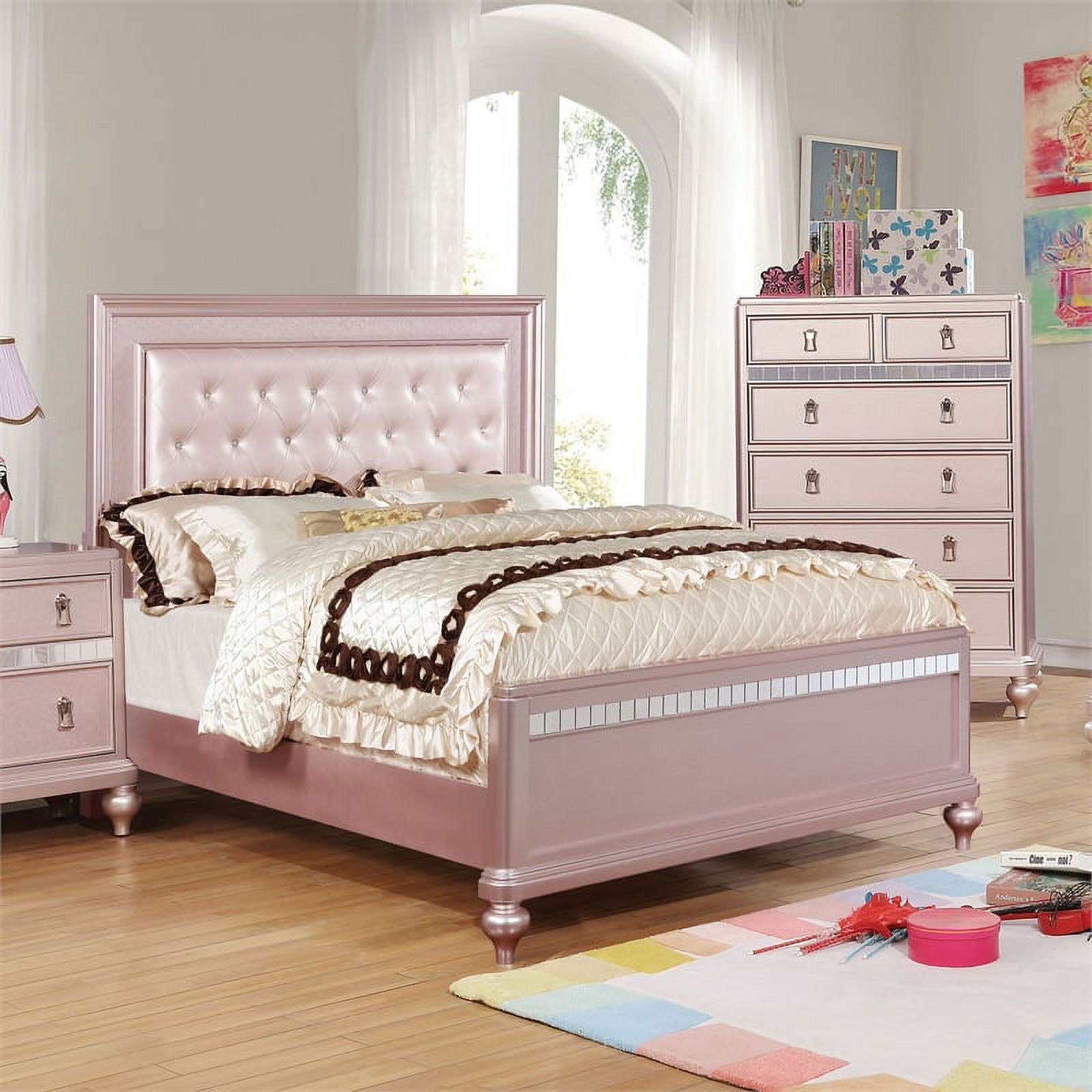 Furniture of America Appell Solid Wood Tufted Queen Panel Bed in Rose Gold