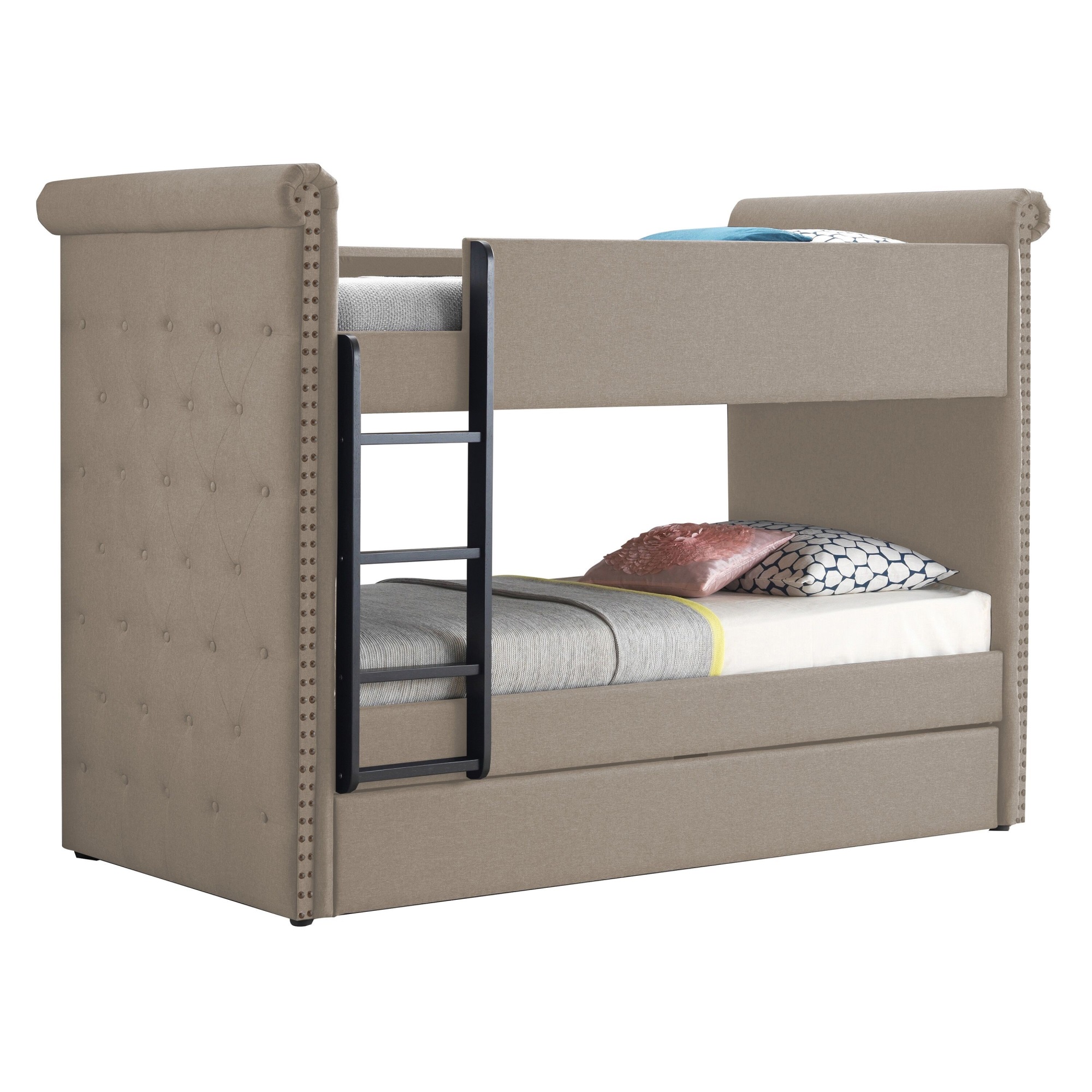 Chesterfield Design Twin Size Bunk Bed with Nailhead Trim, Beige and Black