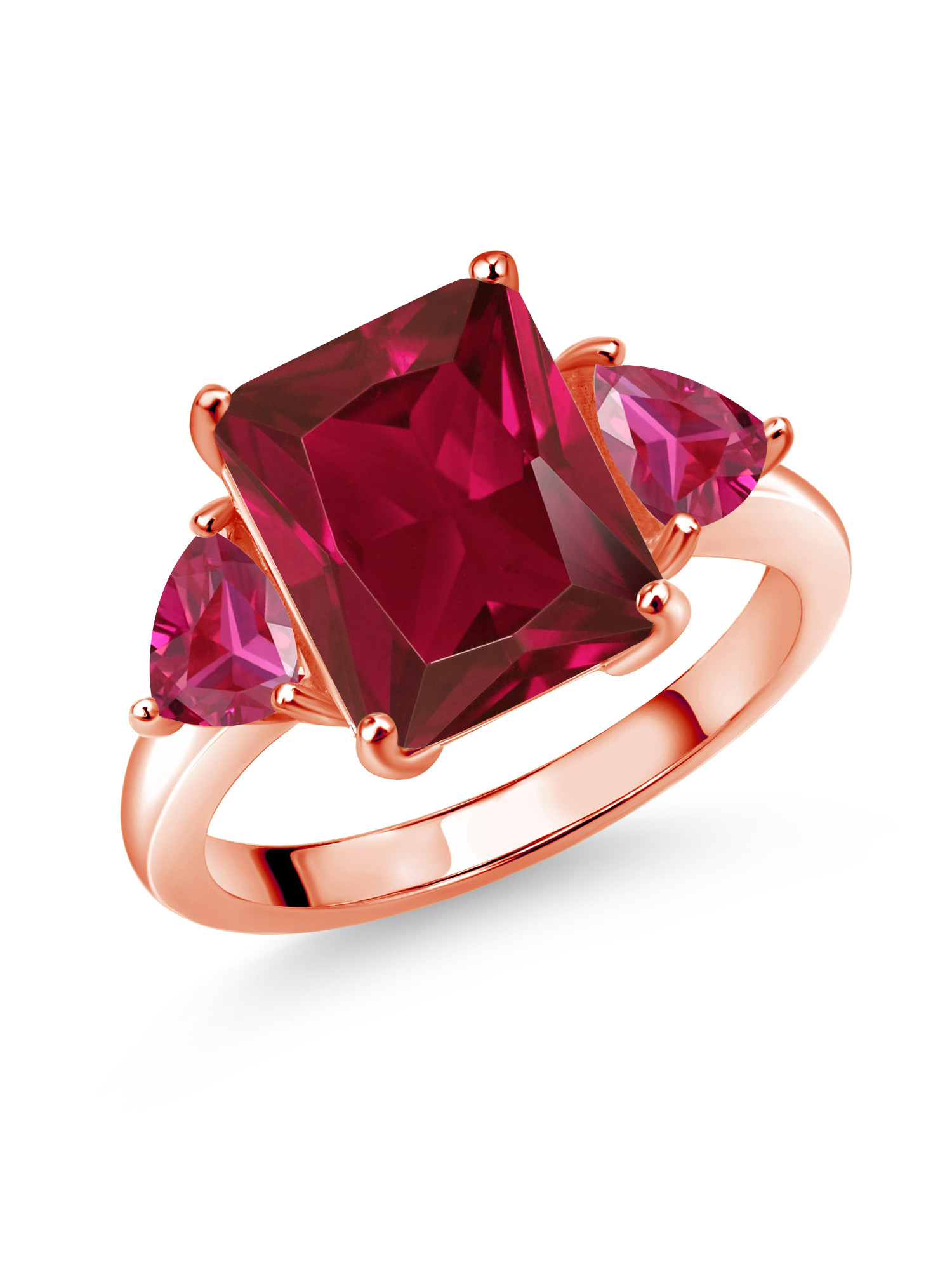 Gem Stone King 18K Rose Gold Plated Silver Red Created Ruby 3 Stone Ring For Women (6.56 Cttw, Octagon 12X10MM, Trillion 5X5MM, Gemstone July Birthstone, Size 7)