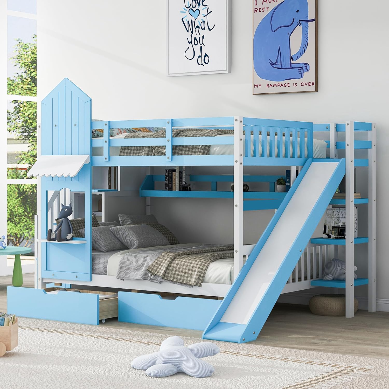 Kids Low Bunk Bed With Slide, Full-Over-Full Wooden Castle Shape Bunk Bed With Storage Drawers And Shelves, Full Floor Bunk Bed For Boys Girls Bedroom Dorm(Blue)