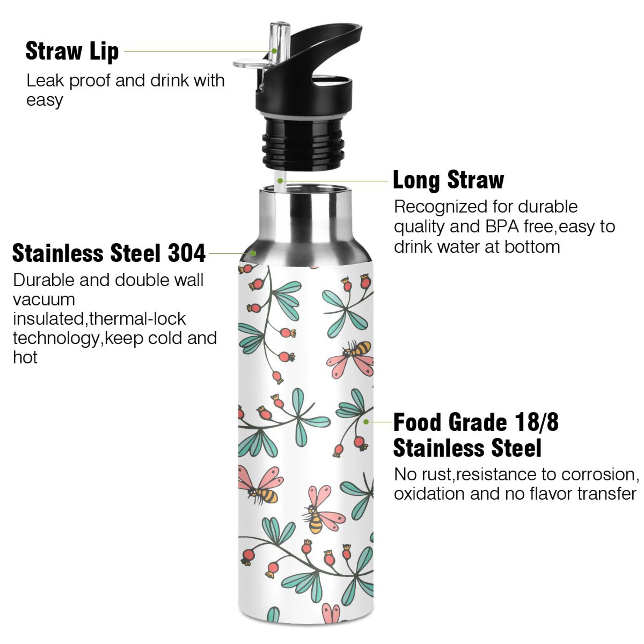 Water Bottle with Straw Lid Leak Bees and Flowers Stainless Steel Insulated Thermos Vacuum Flask for Cold Hot Drinking for Sports Camping Gym Yoga