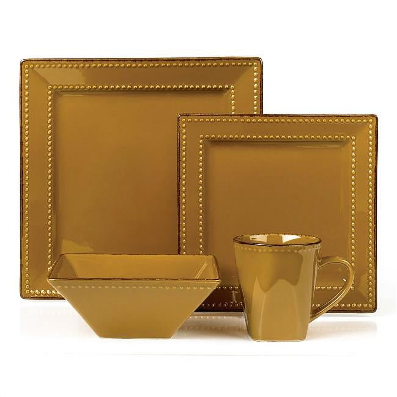 16 Piece Square Beaded Stoneware Dinnerware Set, Mocca
