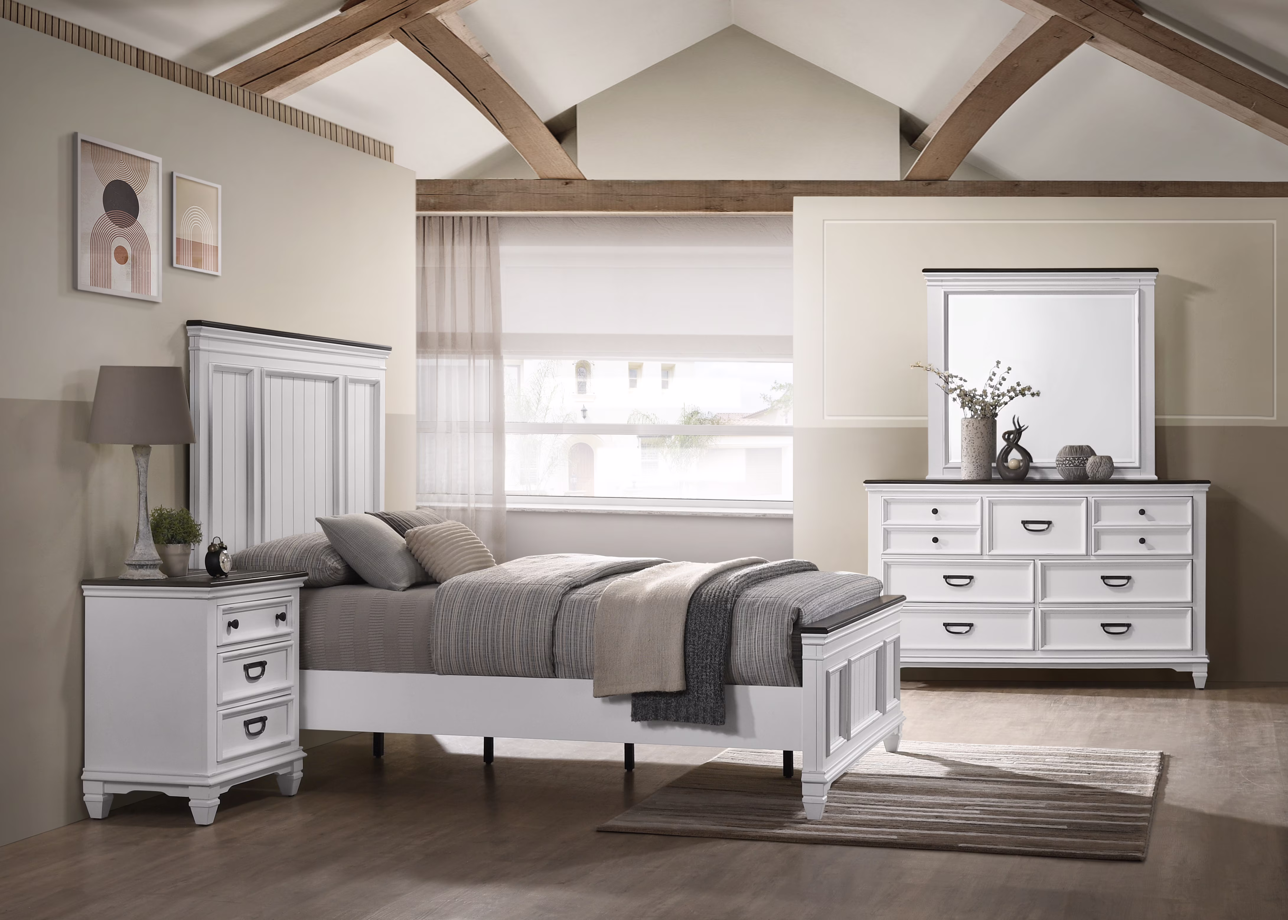 Roundhill Clelane Weathered White and Gray Finished 4-Piece Bedroom Set, Shiplap Panel Queen