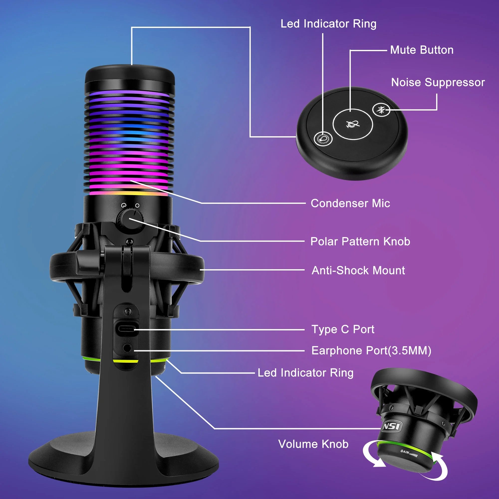 EEEkit USB Condenser Gaming Microphone Fit for PC/PS5/Mac with 2 Polar Patterns, Mute, Gain, for Streaming, Podcasting