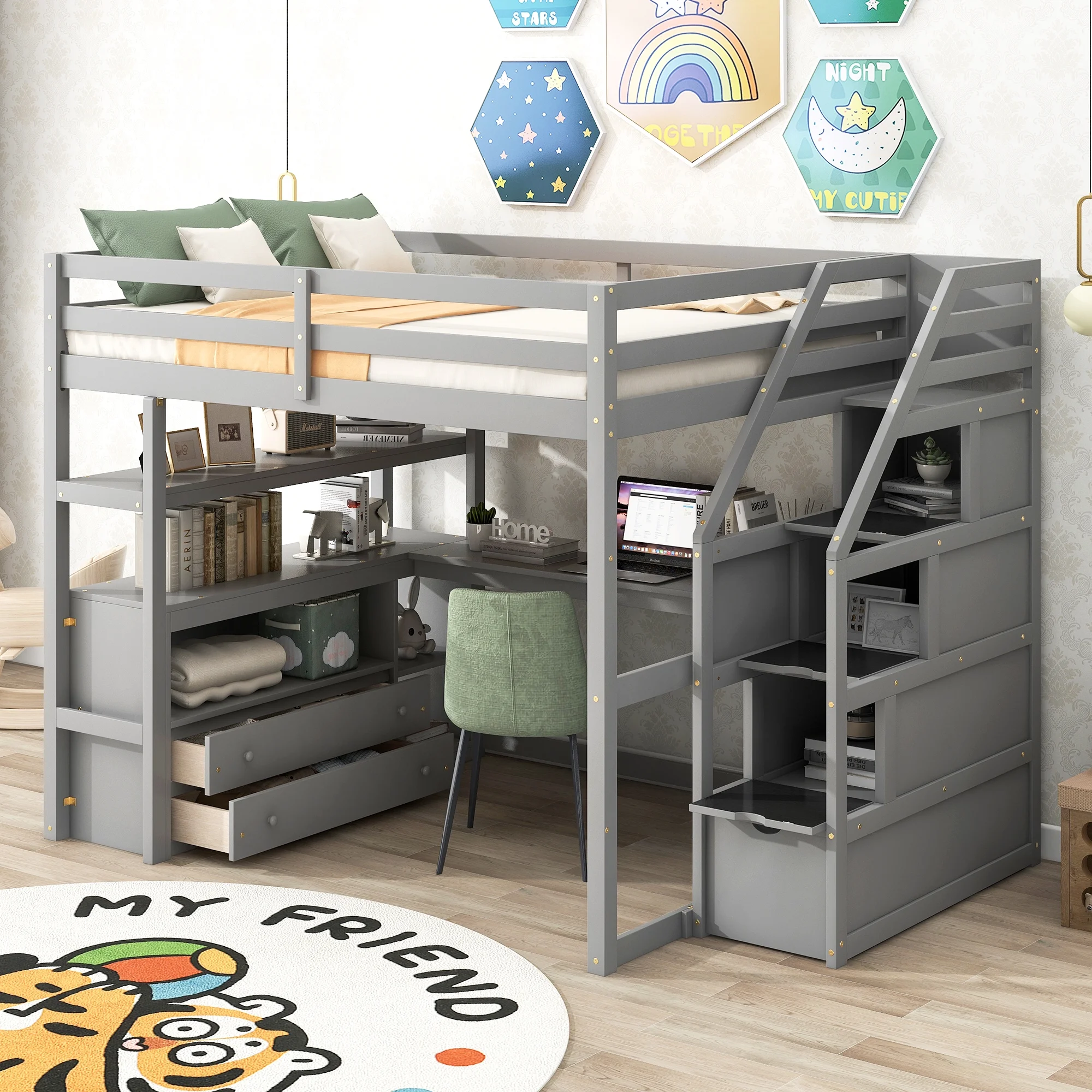 Loft Bed with Desk & Storage Stairs Wood Loft Beds with Two Built-in Drawers, High Loft Bed Frame with Step for Kids, Juniors, Boys and Girls No Box Spring Needed & Space Saving (Full)