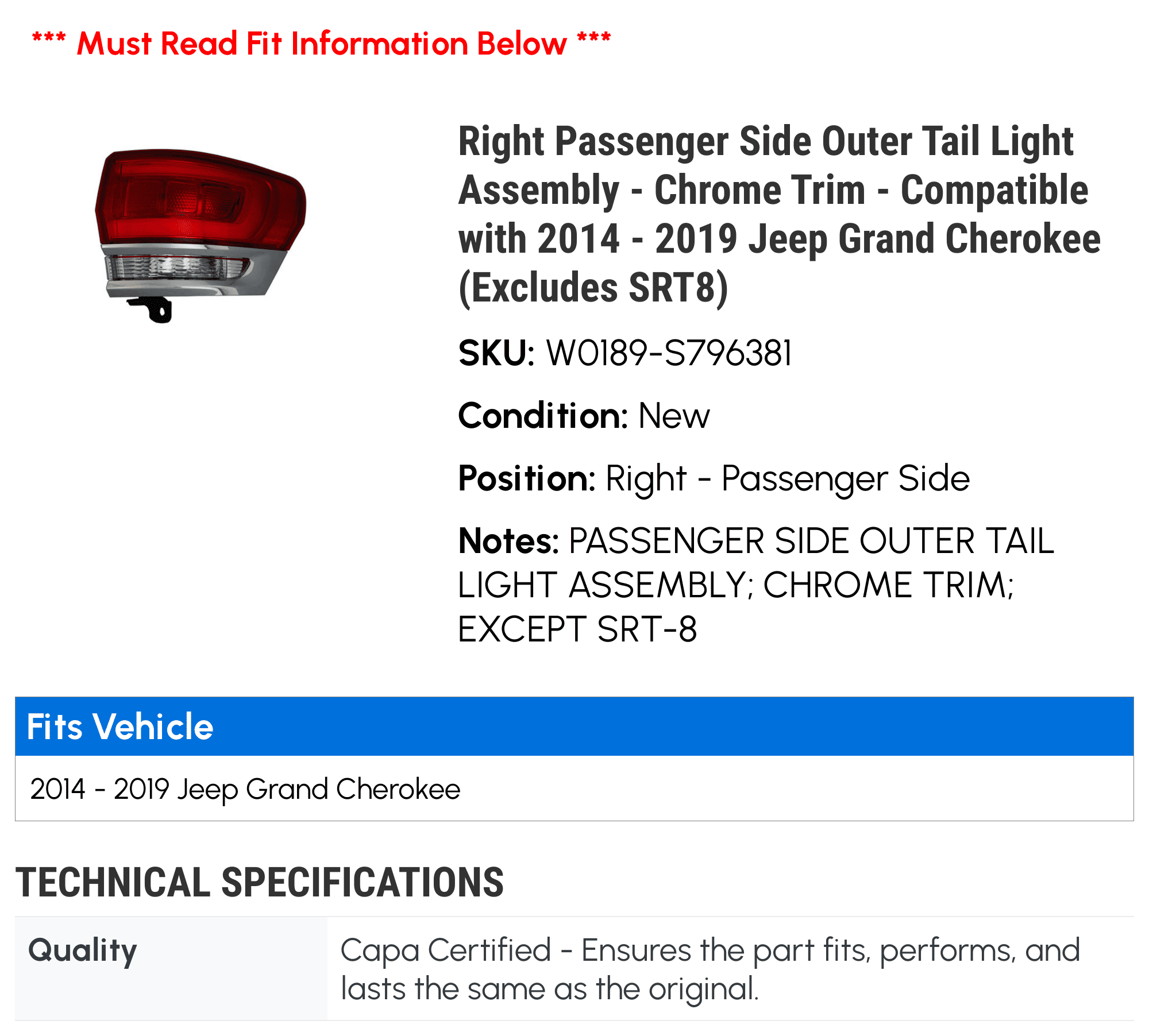 Right Passenger Side Outer Tail Light Assembly - Chrome Trim - Compatible with 2014 - 2019 Jeep Grand Cherokee (Excludes S.R.T.8) 2015 2016 2017 2018 2020