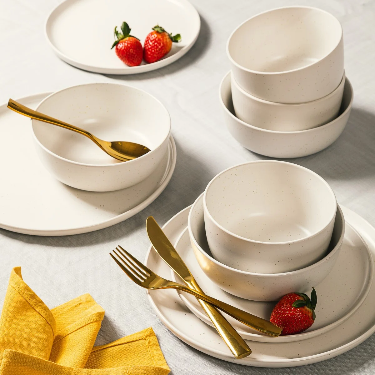 Gibson Elite James Street 16 Piece Stoneware Matte Reactive Double Bowl Dinnerware Set - Sea Salt White