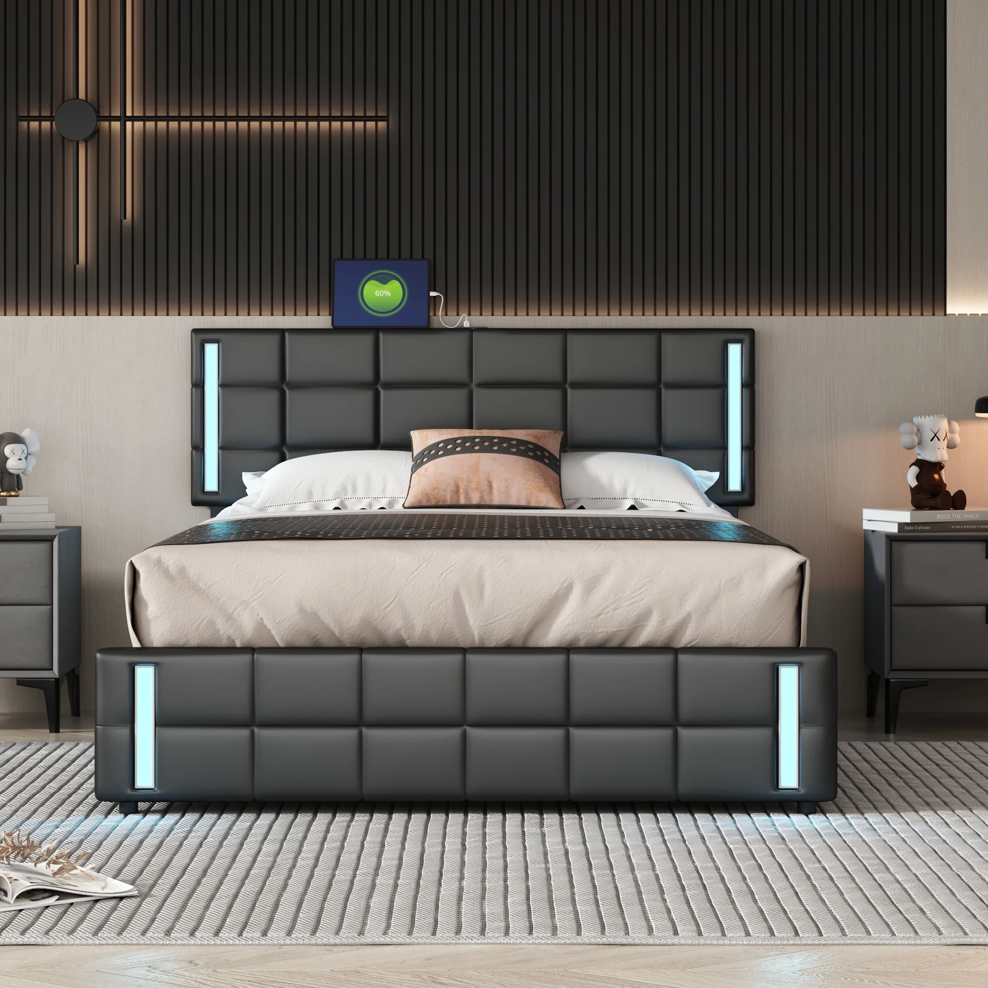 Bellemave Queen Size Upholstered Platform Bed with LED Lights and USB Charging,Storage Bed with 4 Iron Drawers,PU Upholstered Platform Bed(Black,PU)