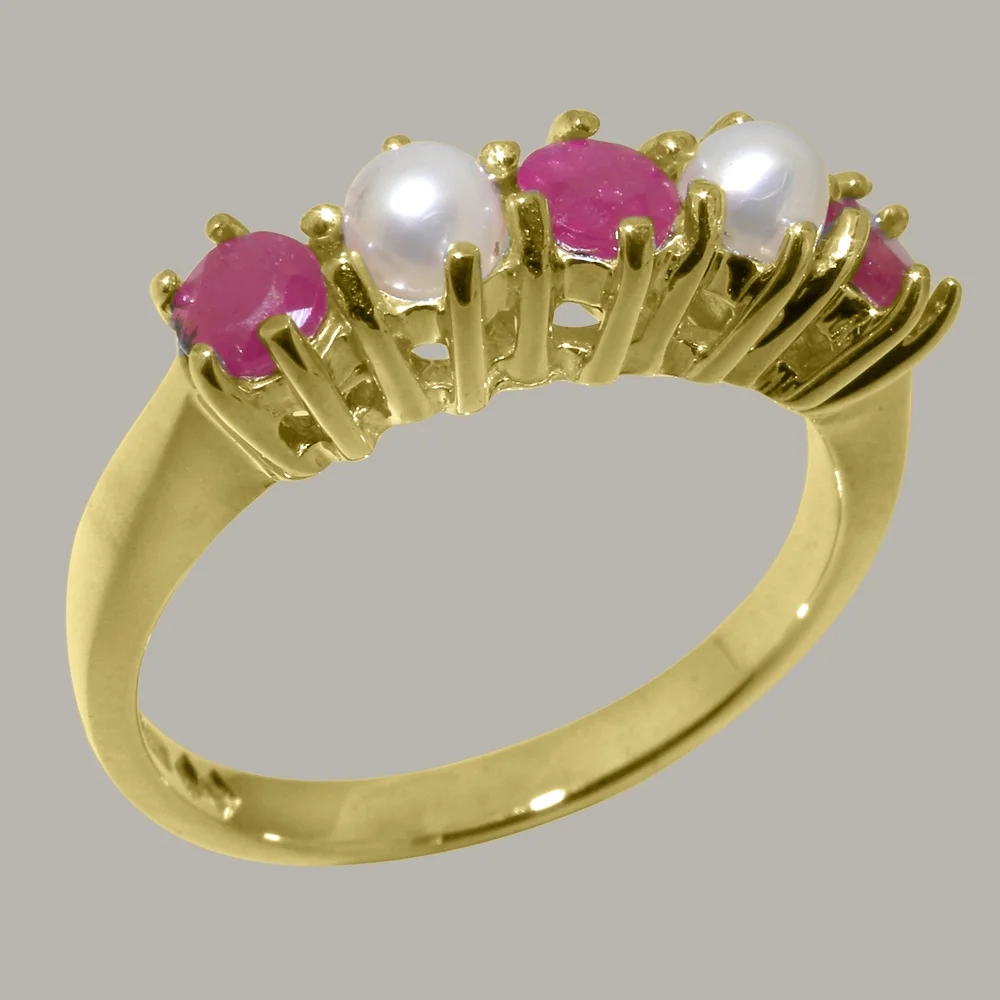 LBG British Made 18k Yellow Gold Natural Ruby & Cultured Pearl Ladies Eternity Ring - 33 size options - Size 10