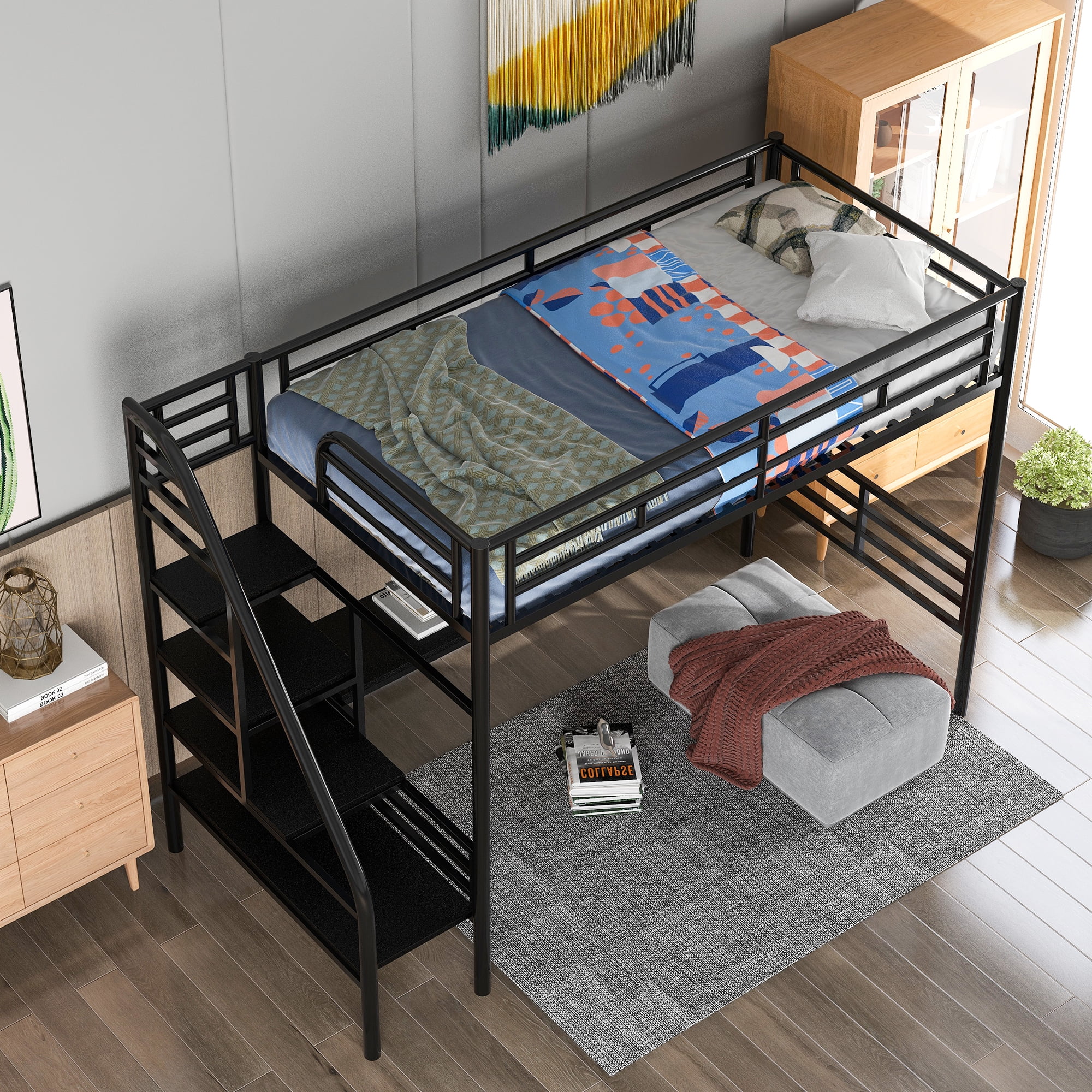 Leadzm Metal Loft Bed Frame with Desk, No Box Spring Needed,Twin ,Black