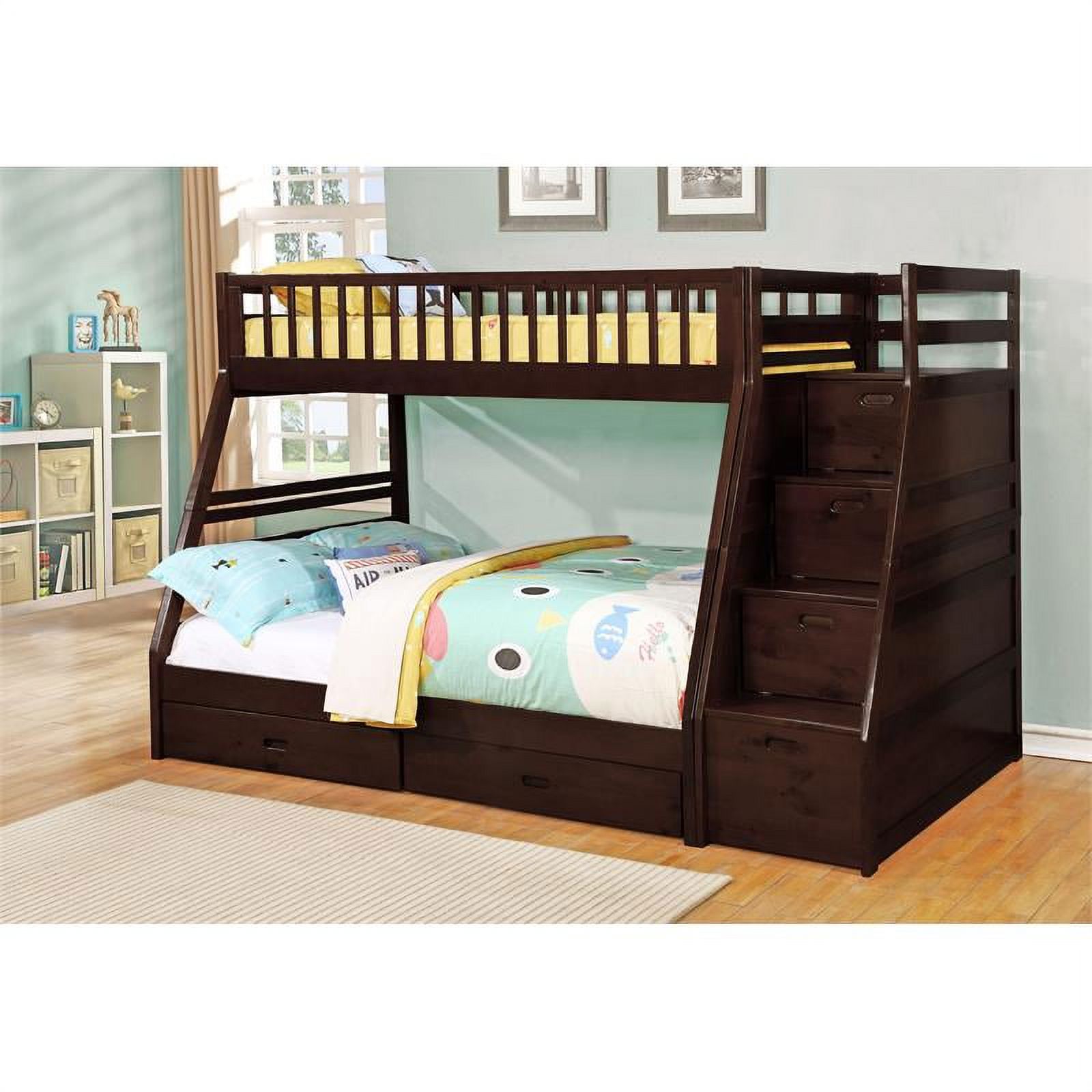BEKids Solid Wood Twin/Full Staircase Bunk Bed with Storage in Java Brown