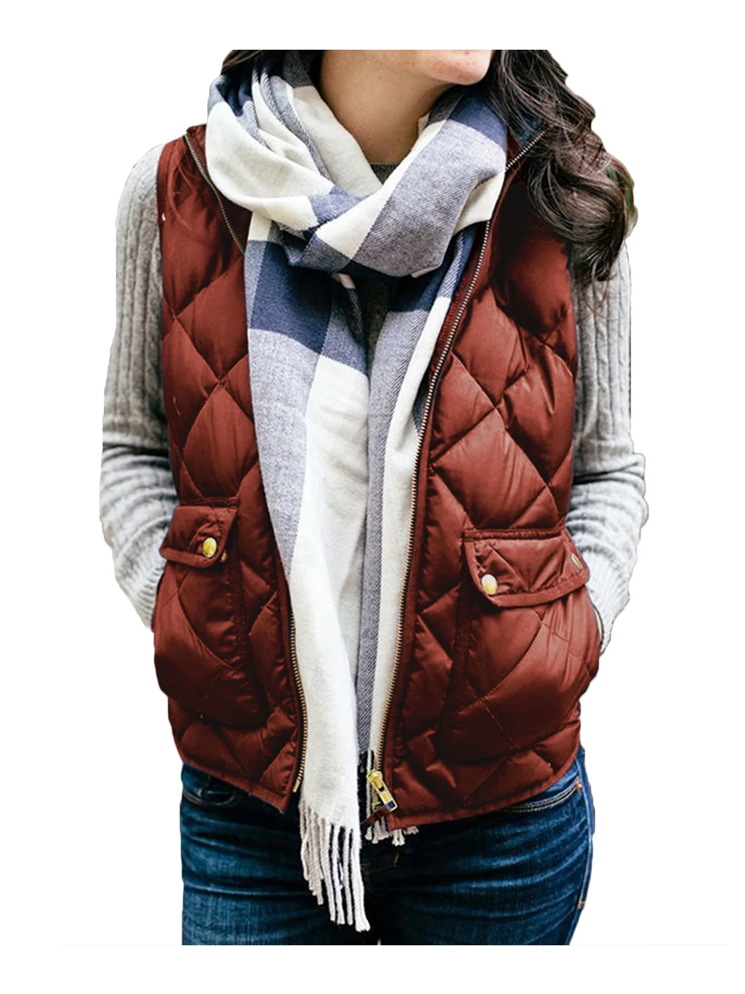 Eyicmarn Plus Size Women Puffer Padded Vest Jacket Gilet Ladies Sleeveless Coat Snowsuit Brown