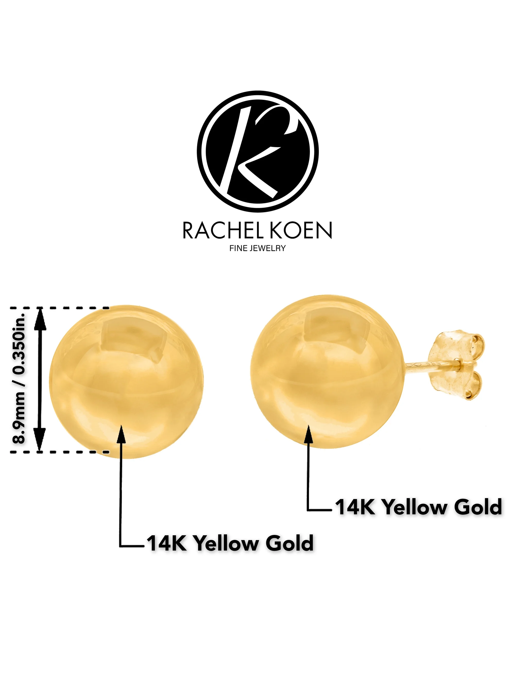 Rachel Koen Bead Ball Stud Earrings 14K Yellow Gold 9mm