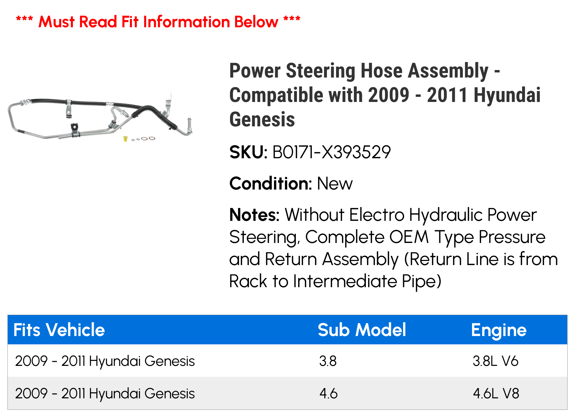 Power Steering Hose Assembly - Compatible with 2009 - 2011 Hyundai Genesis 2010